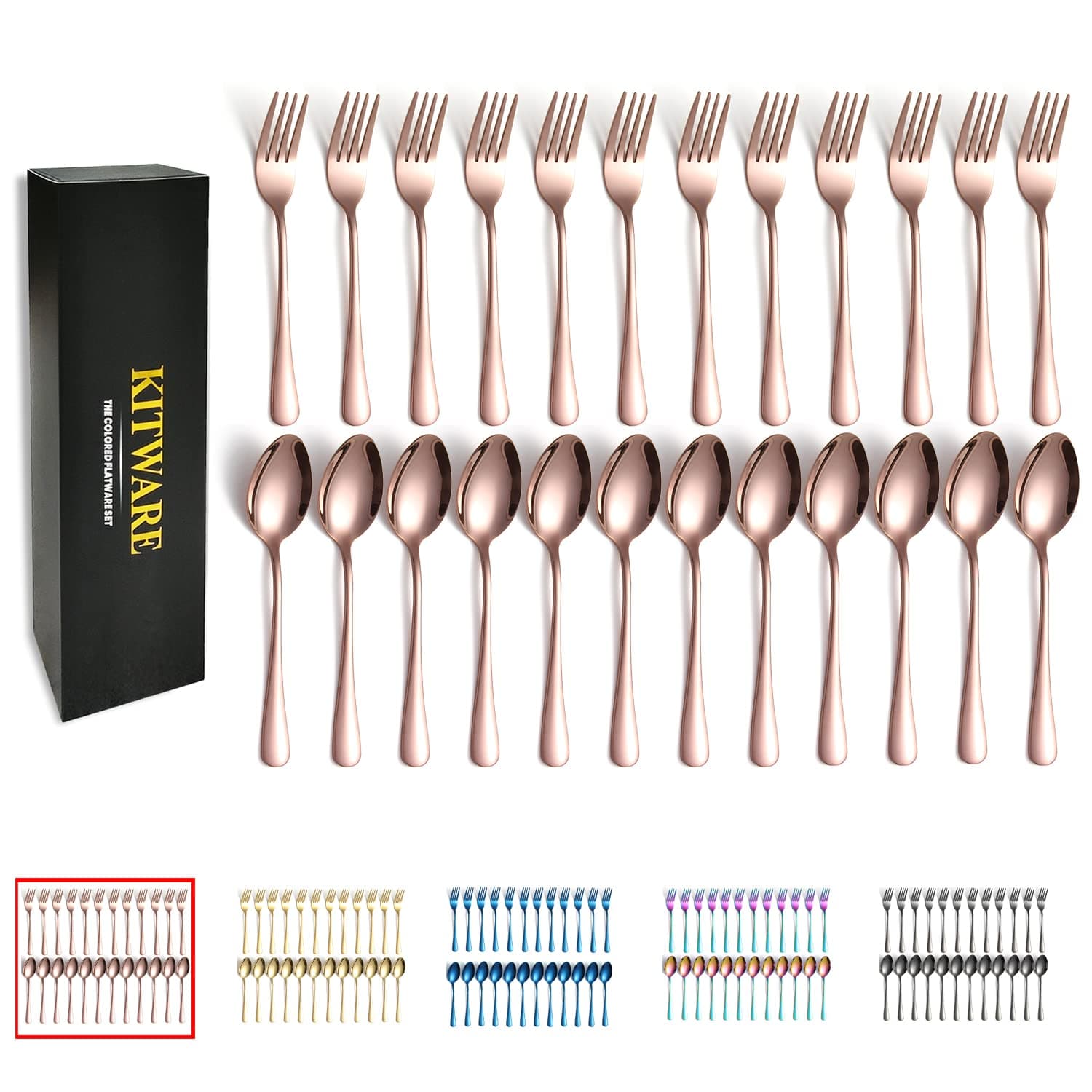 Rose Gold Spoon and Fork Silverware, KITWARE 24 Pieces Stainless Steel Flatware Cutlery Set for 12, Minimist Tableware Set for Home Kitchen Outdoor, Fishing, Picnic, Travel