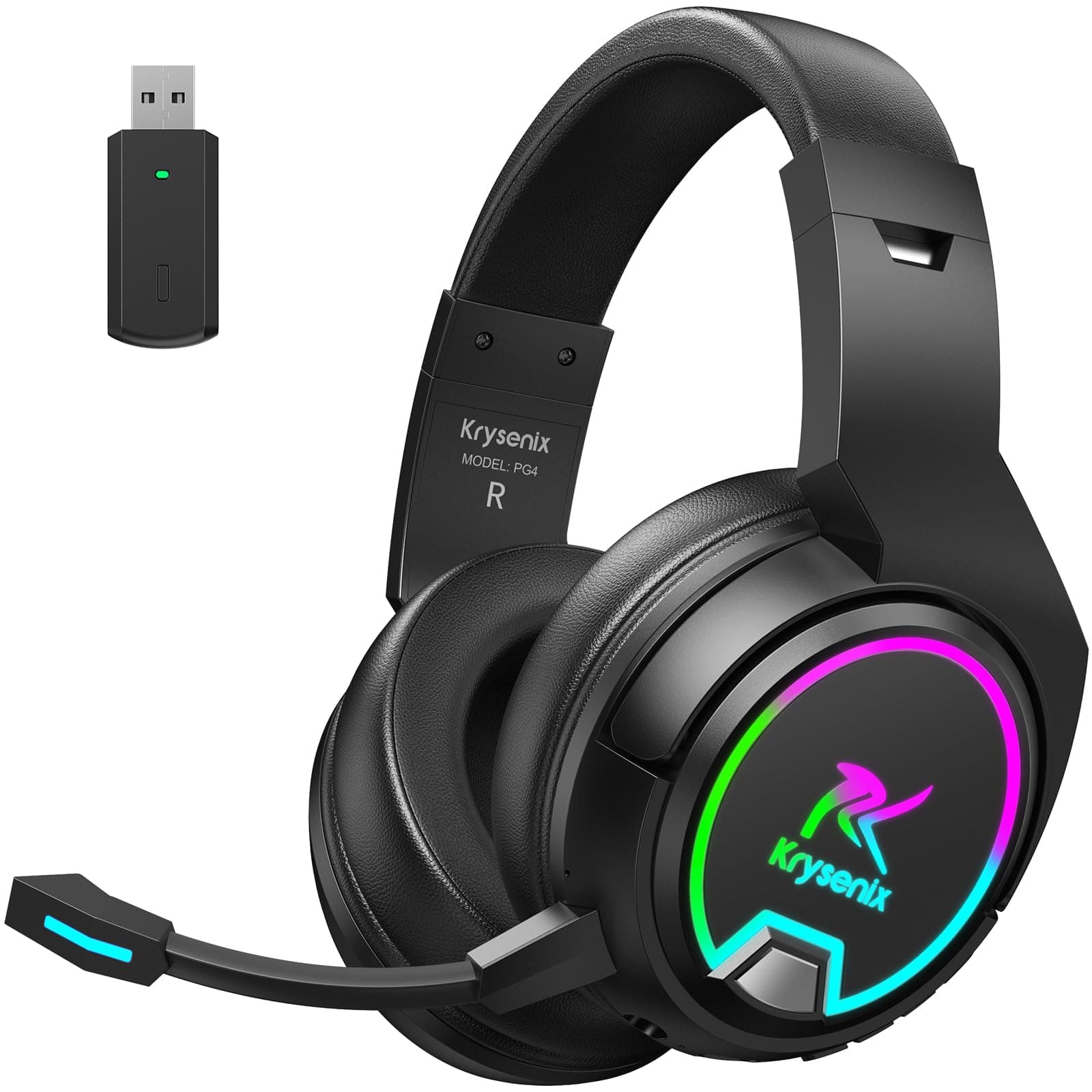 Krysenix PG4 LED Wireless Gaming Headset for PS4, PS5, PC - 2.4GHz 7.1 Surround Sound, Bluetooth Gaming Headphone with AI Detachable Noise Canceling Mic, 48-Hr Battery for Switch, Laptop, Mac (Black)