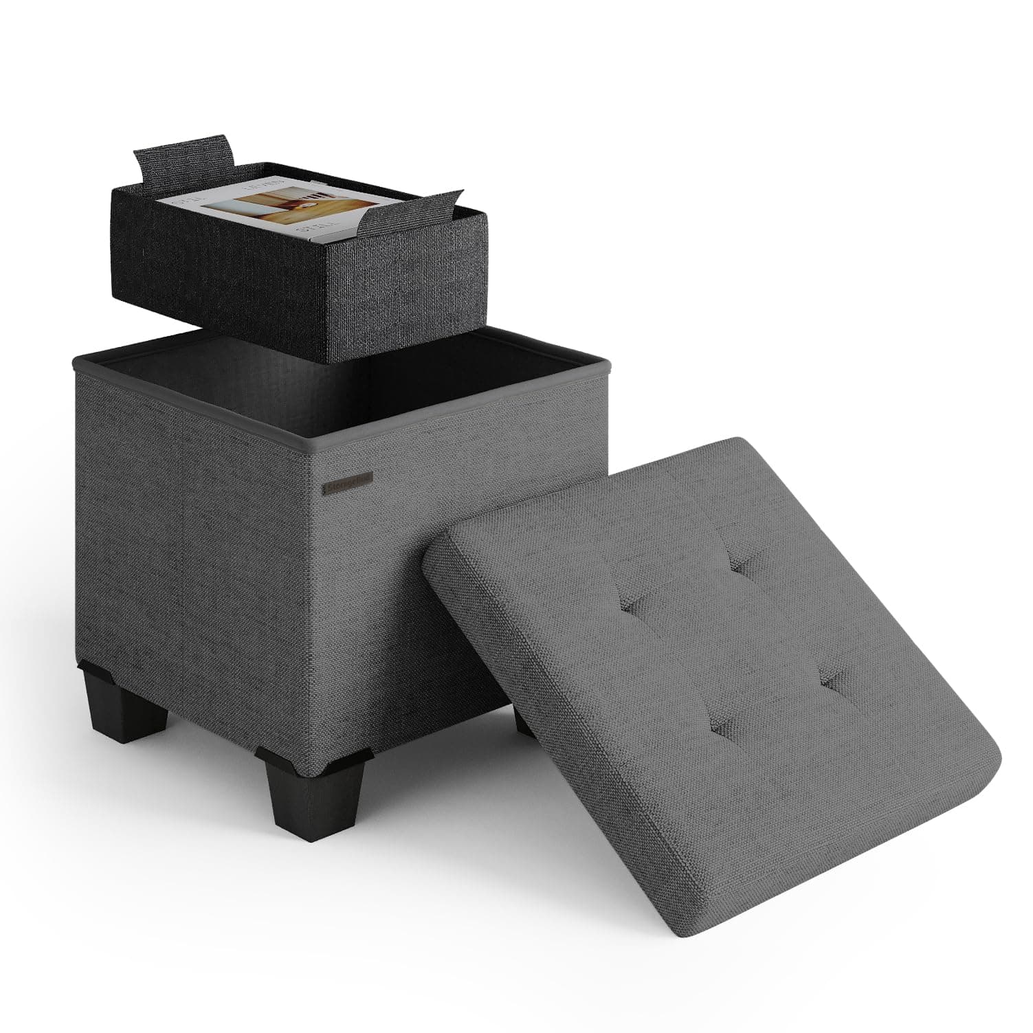 Storage Ottoman Cube with Small Bin, 15-in Square Ottoman with Storage for Living Room and Bedroom, Small Ottomans Foot Rest, Fabric Foot Stools Ottomans Max 330lbs, Grey