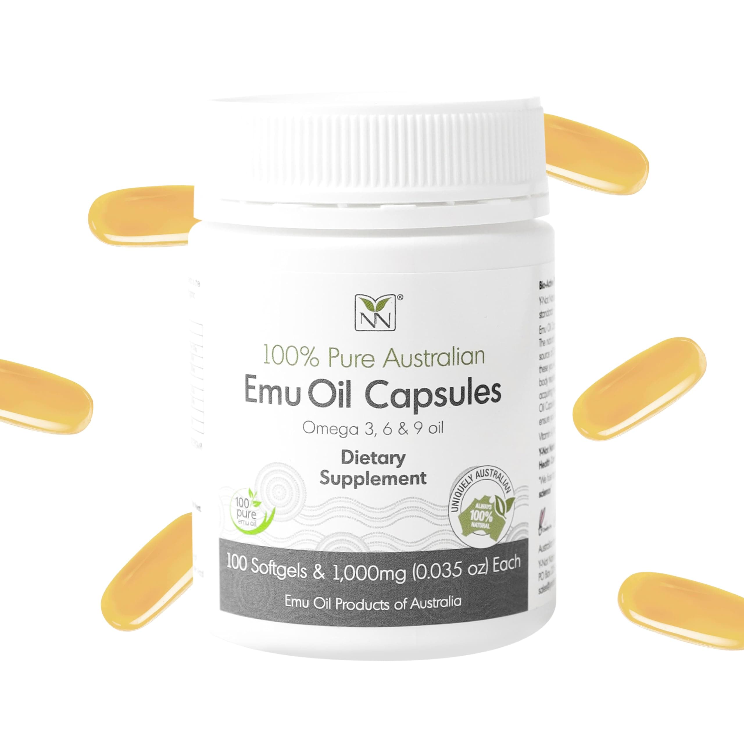 Emu Oil Capsules - Heart, Hair, Metabolism & Joint Support Supplement - Pharmaceutical Grade Emu Oil with CLA, Omegas 3, 6 & 9 with Vitamin K2, A & E by Y-Not Natural - 1000mg, 100 Capsules