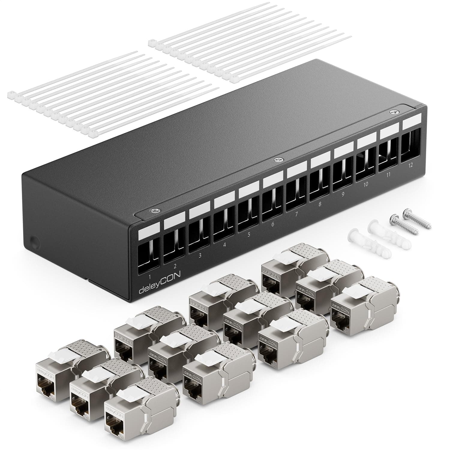 deleyCON 12 Port Patch Panel Set Patch Panel Distribution Panel 1U + 12x RJ45 Keystone jack Module Compatible with STP CAT6a Installation Cable CAT5 CAT6 CAT6a CAT7 network Cable Ethernet LAN DSL -