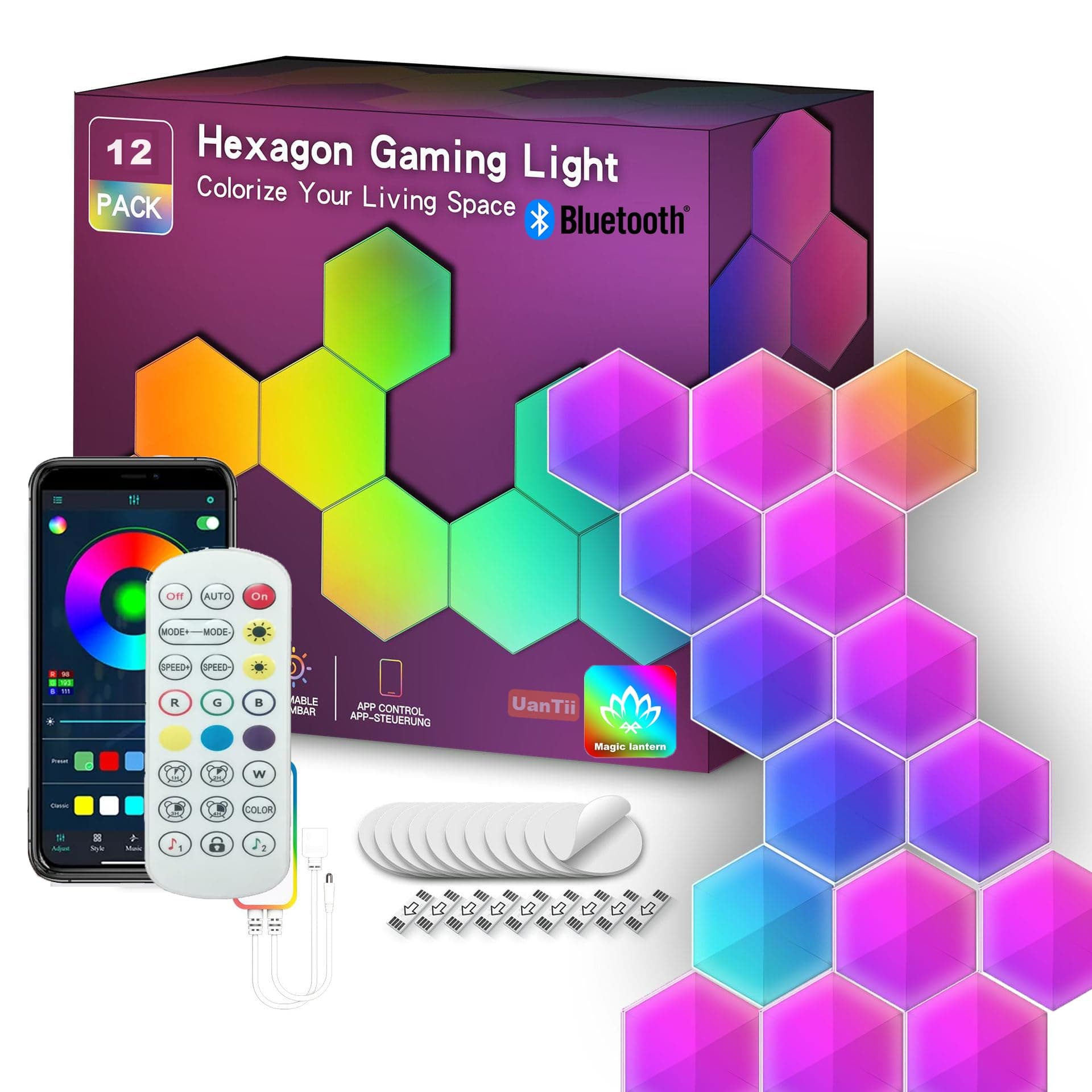 UanTii Bluetooth Smart Hexagonal Lamp,RGBIC LED Panel Light Smart Night Light Gaming Light with Bluetooth App Remote Control (Bluetooth-12pcs)
