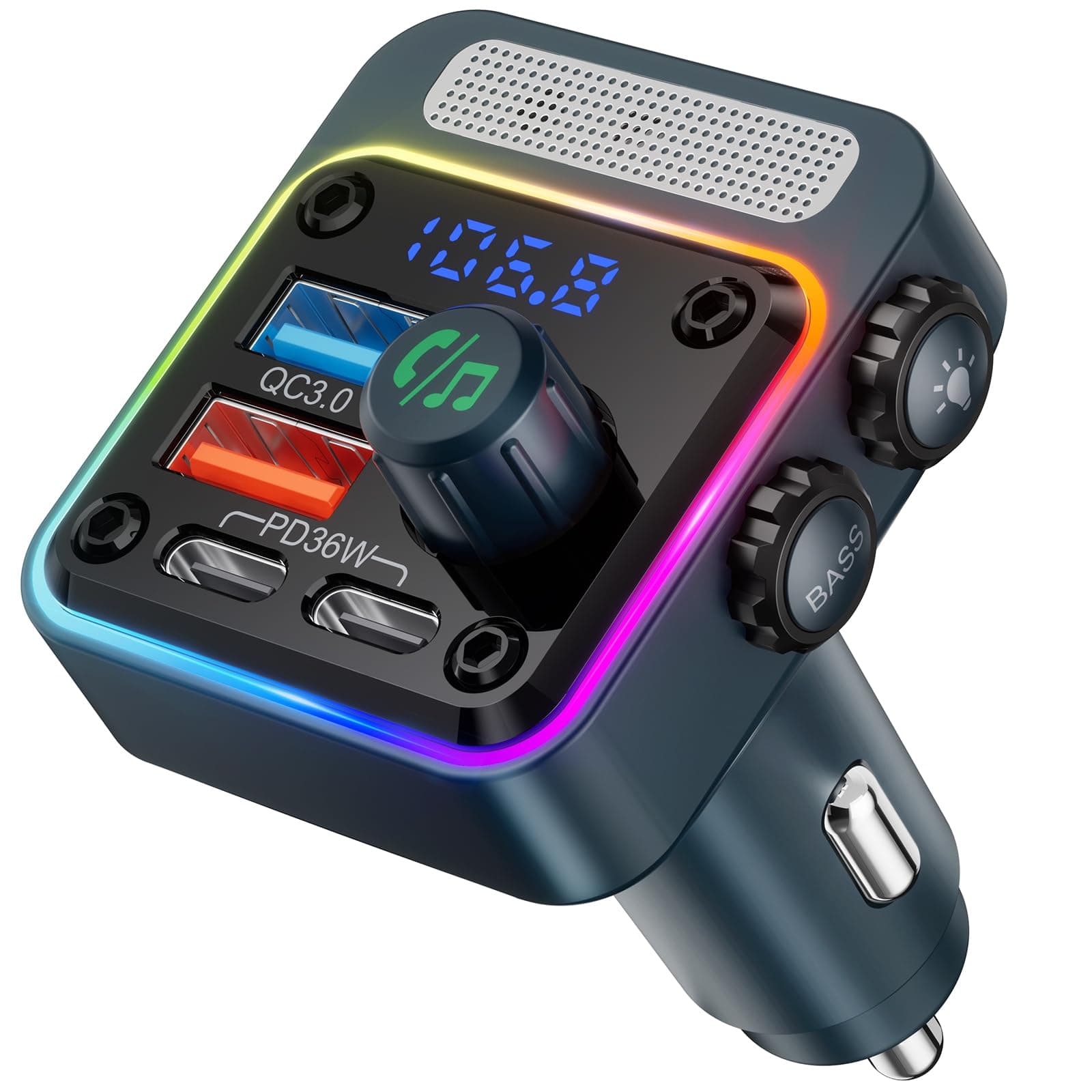 Nulaxy Bluetooth 5.3 FM Transmitter 54 W [PD 36W & QC3.0 18W] Fast Car Charger with 4 Charging Ports, Bass & HiFi Music Bluetooth Adapter Car Handsfree, NX16 Blue