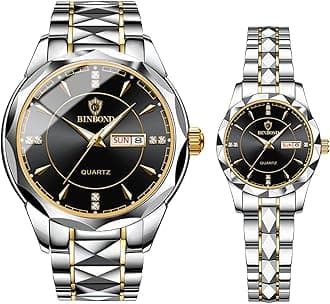 Couple Watches Gift Set: His and Her Rhombus Quartz Analog Stainless Steel Luminous Hands Date 3 ATM Waterproof Business Casual Men Women Watch Sets
