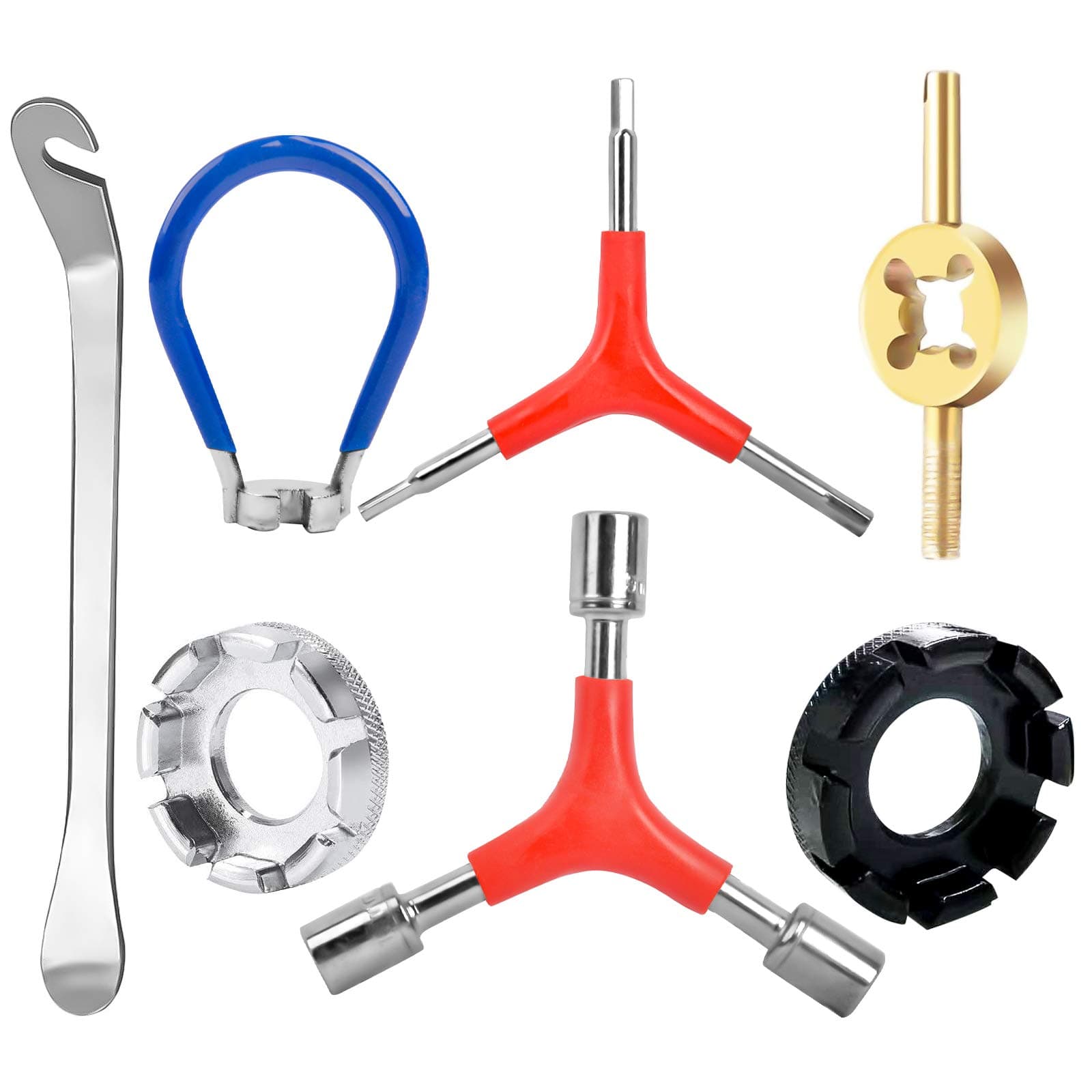 CHIVENIDO 7Pcs Spoke Tool Kit - 8 Cut Open Bicycle Spoke Wrench Tire Lever Bike Spoke Wrench with Rubber Handle Y-Type Hex Wrench Socket Wrench Tire Valve Stem Core Tool Bike Repairing Pocket Tools