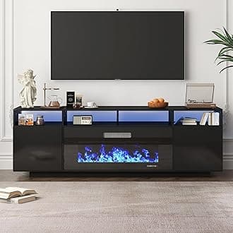 TABU 70" TV Stand with 36" Electric Fireplace Heater, High Gloss Finished Modern Entertainment Center with LED Ambient Light, for TVs Up to 80", Black