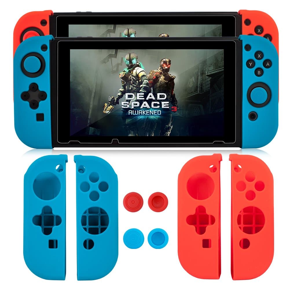 Silicon Case for Nintendo Switch Joy-Cons Gamepad , CBSKY Soft Anti-slip Silicone Protective Cover Skin with 4pcs Thumb Grips Caps for Nintendo Switch Joy-Con Controller(Red + Blue)