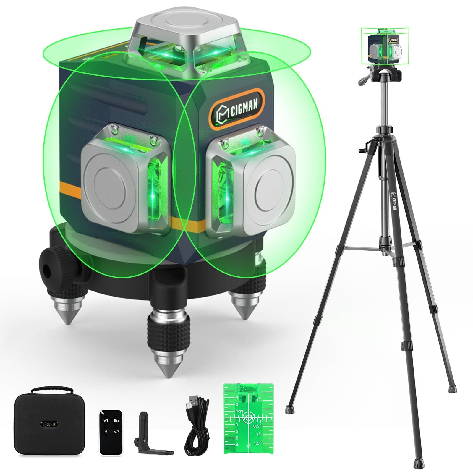 CIGMAN 3D Laser Level with Tripod,Remote Control,Compact Design,4000mAh Battery,Rotary Base,3x360°Self-Leveling Green Laser Leveler for Picture Hanging and DIY Projects