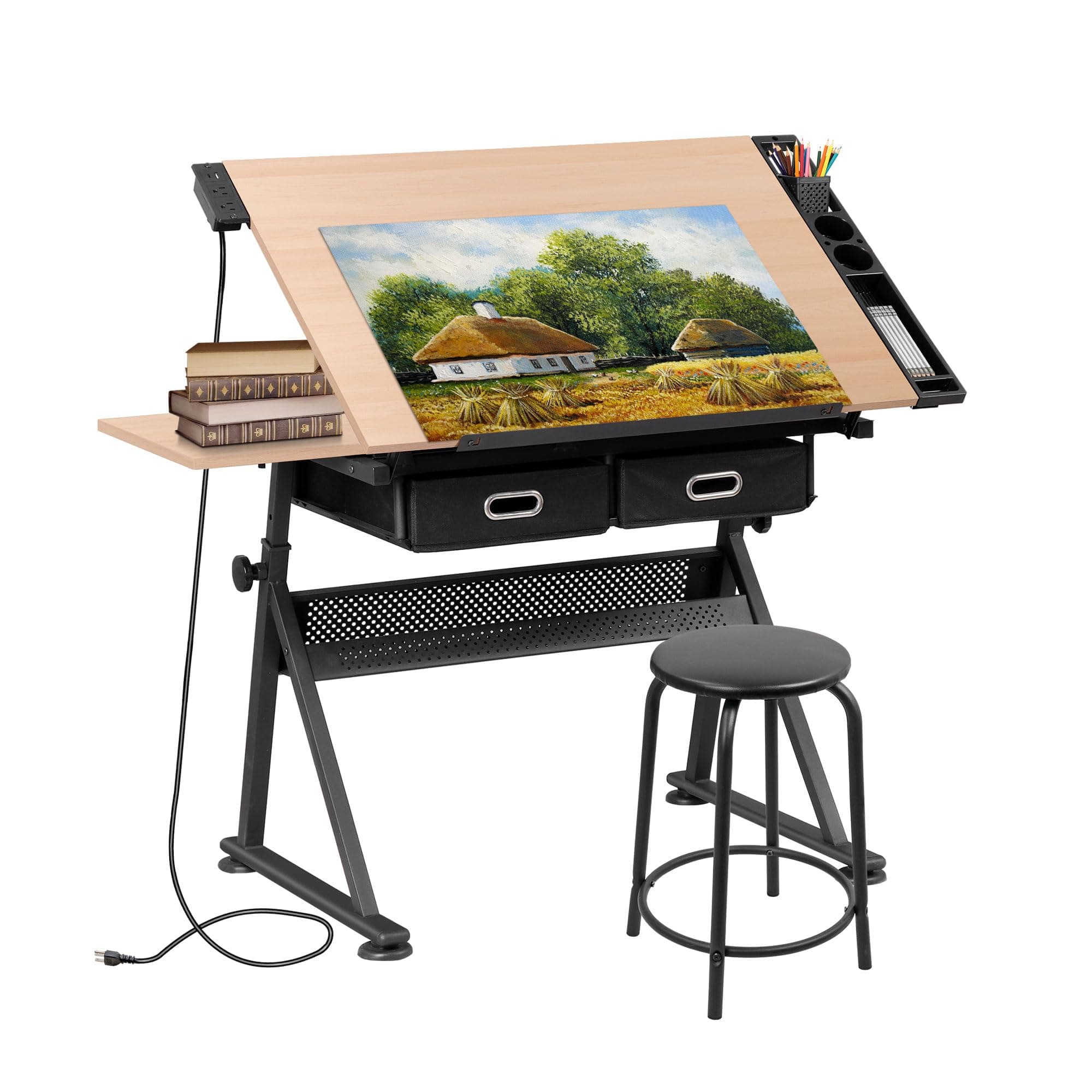 SUPER DEAL Drafting Table Set with Charging Station, Tilting Tabletop Adjustable Height Art Desk Multifunctional Craft Workstation with Stool, 2 Storage Drawers for Home Office School, Natural