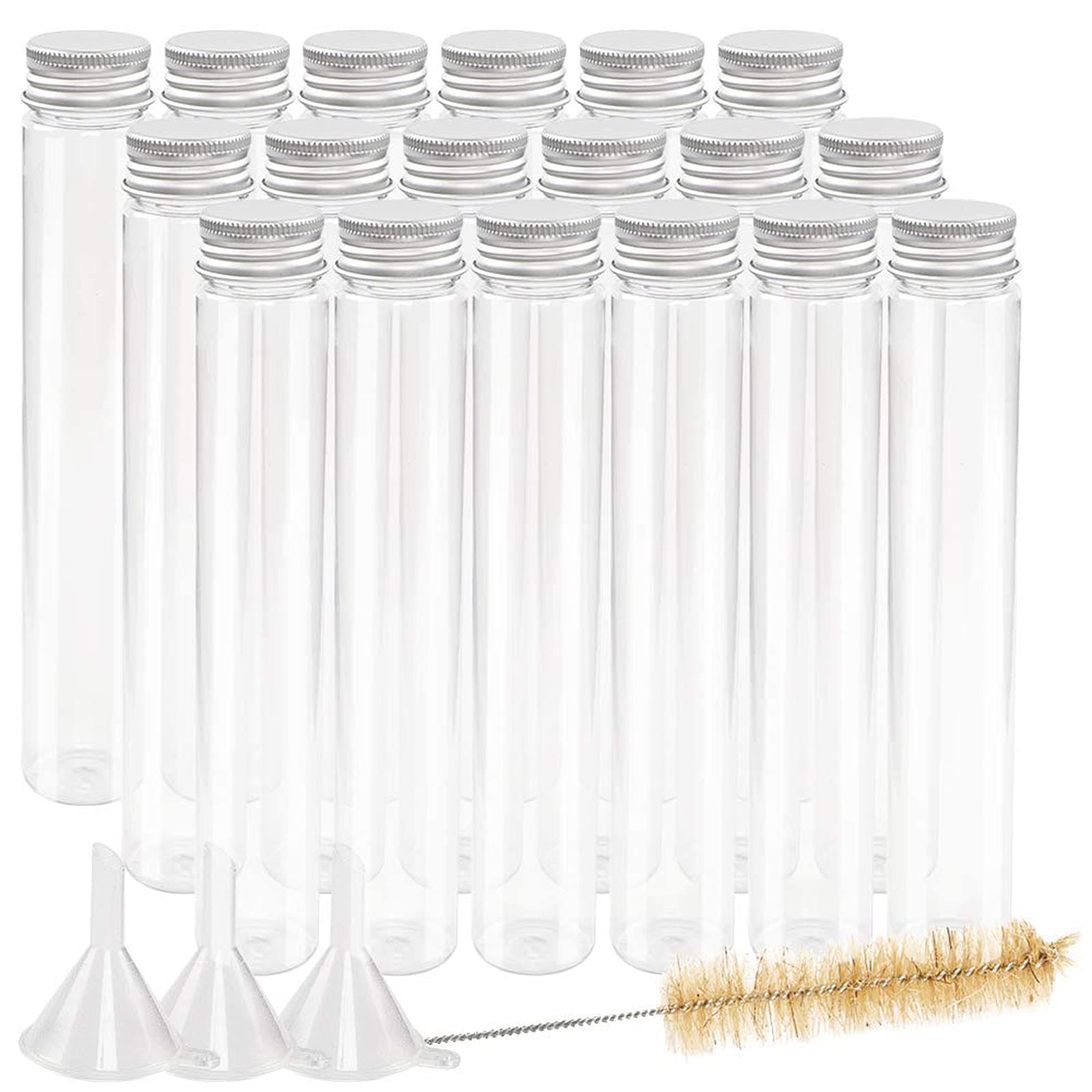 DEPEPE 18pcs 115ml Clear Flat Plastic Test Tubes with Screw Caps 30 x 180mm with 3 Funnels and 1 Brush, Large Test Tubes Containers for Bath Salt Candy Storage