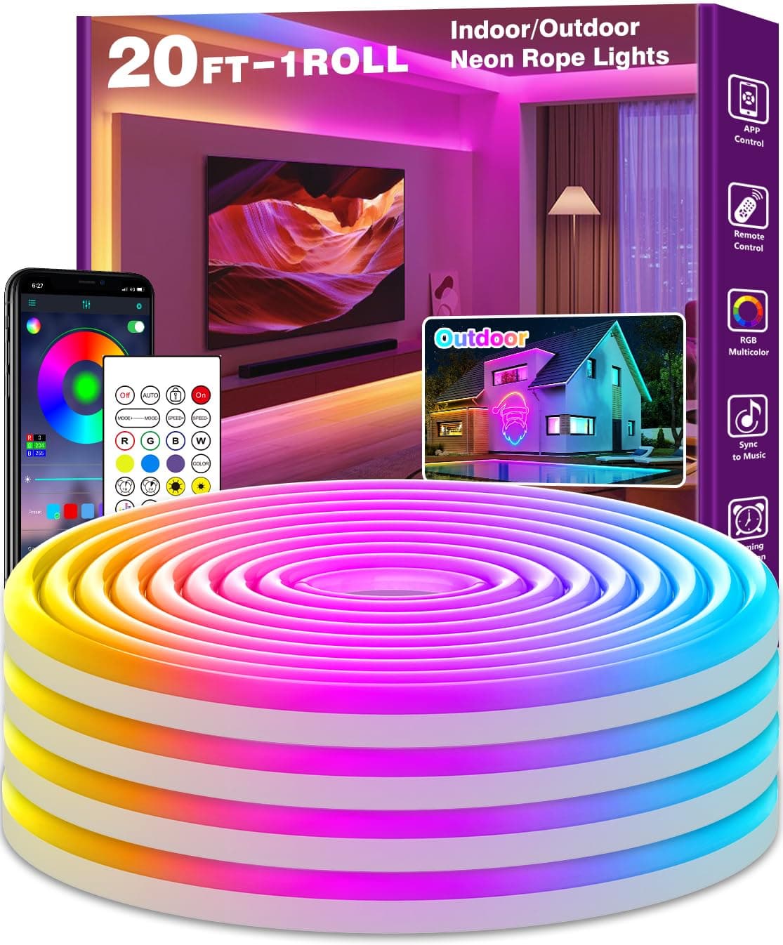 SINLEY Led Neon Rope Lights,Control with App/Remote,Flexible Led Rope Lights,Multiple Modes,IP68 Outdoor RGB Neon Lights Waterproof,Music (20 FT)
