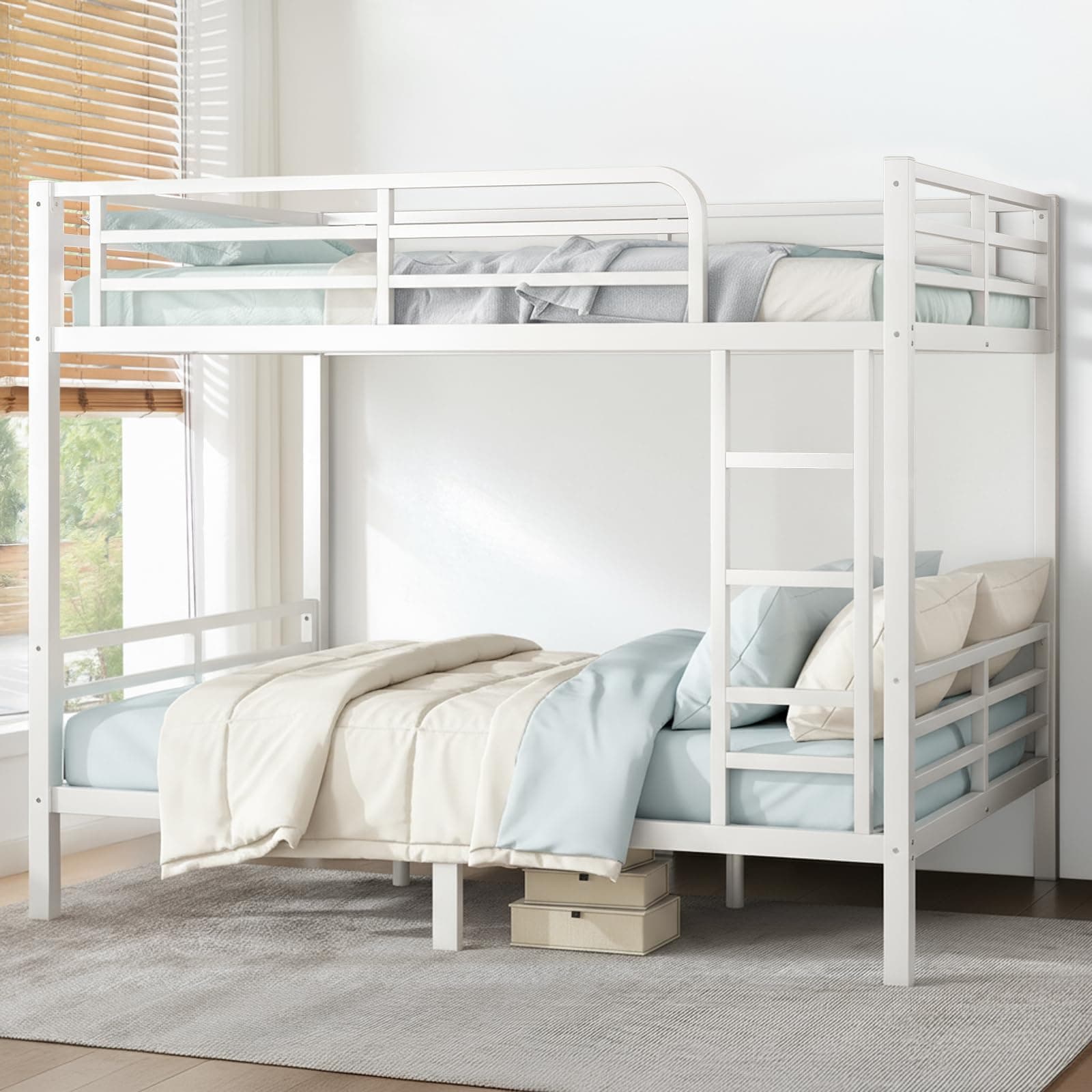 Full Over Full Bunk Bed Frame, Heavy Duty Metal Loft Bed for Adults/Teens, 350/500LB Capacity w/Ladder & Guardrail, Noise-Free Steel Slats, No Box Spring Required, White