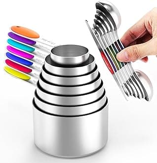 TILUCK measuring cups and magnetic measuring spoons set, 7 stainless steel measure cups, 6 double-sided stainless steel measuring spoons & 1 leveler (7+7)