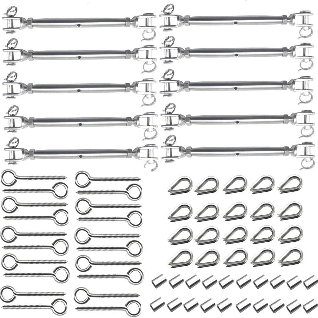 1/8 Cable Railing Kits for Wooden Post, 10 Pack, 316 Stainless Steel Closed Body Jaw Turnbuckle Pine 10-Pcs, Lag Screw Eye Screw 20-Pcs