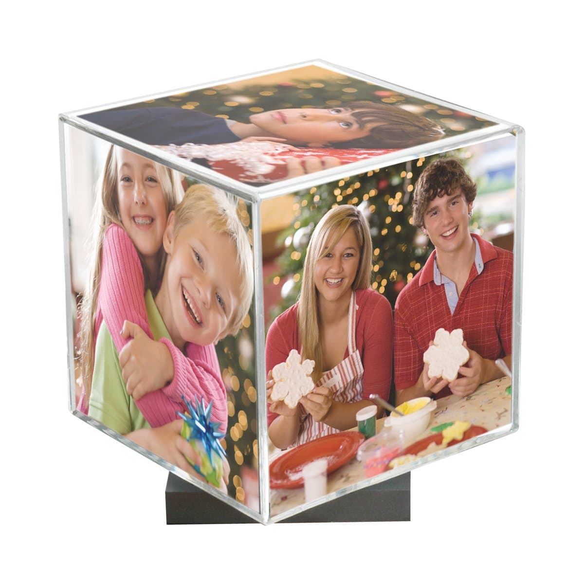 Clear Spinning Photo Cube with Silver Base, Holds Five 3.5" x 3.5" Photos