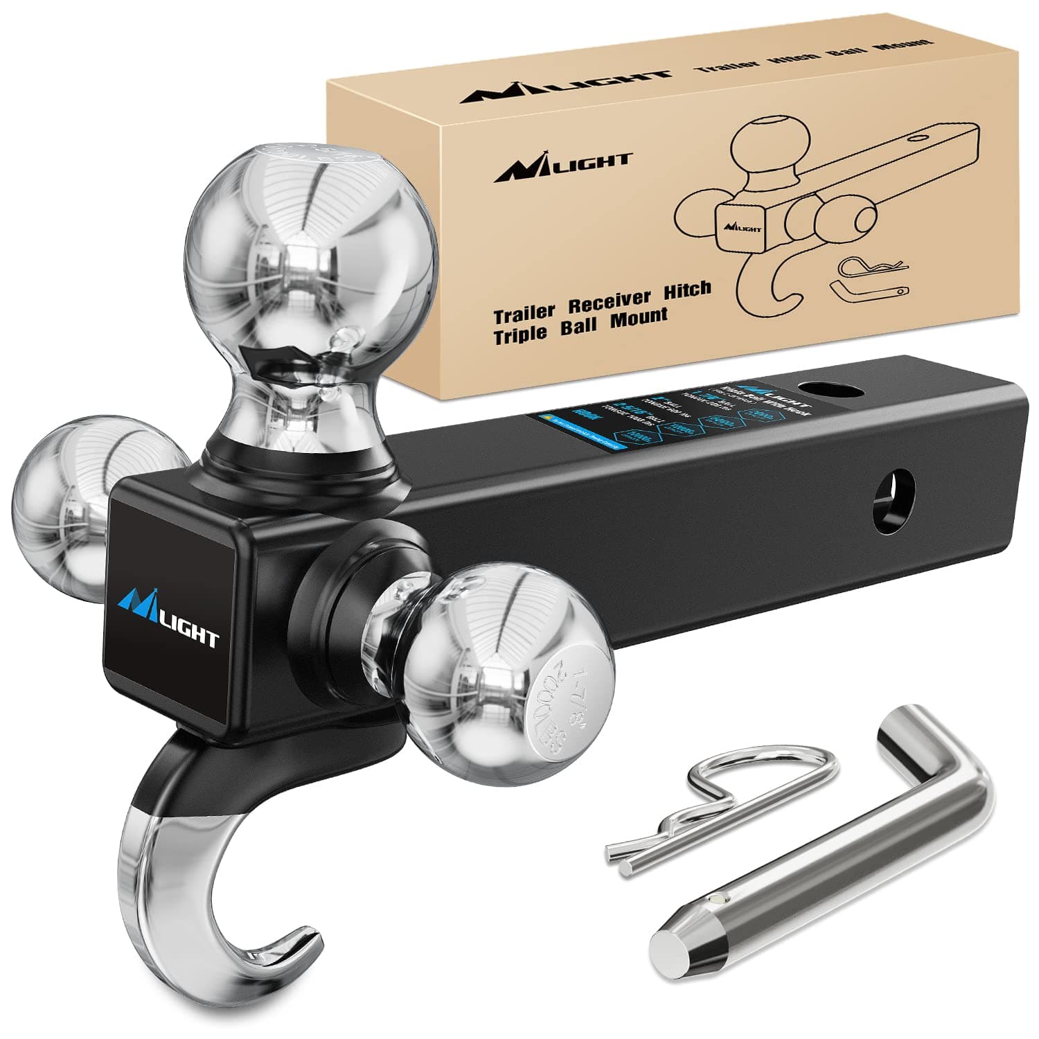 Trailer Hitch Tri Ball Mount with Hook