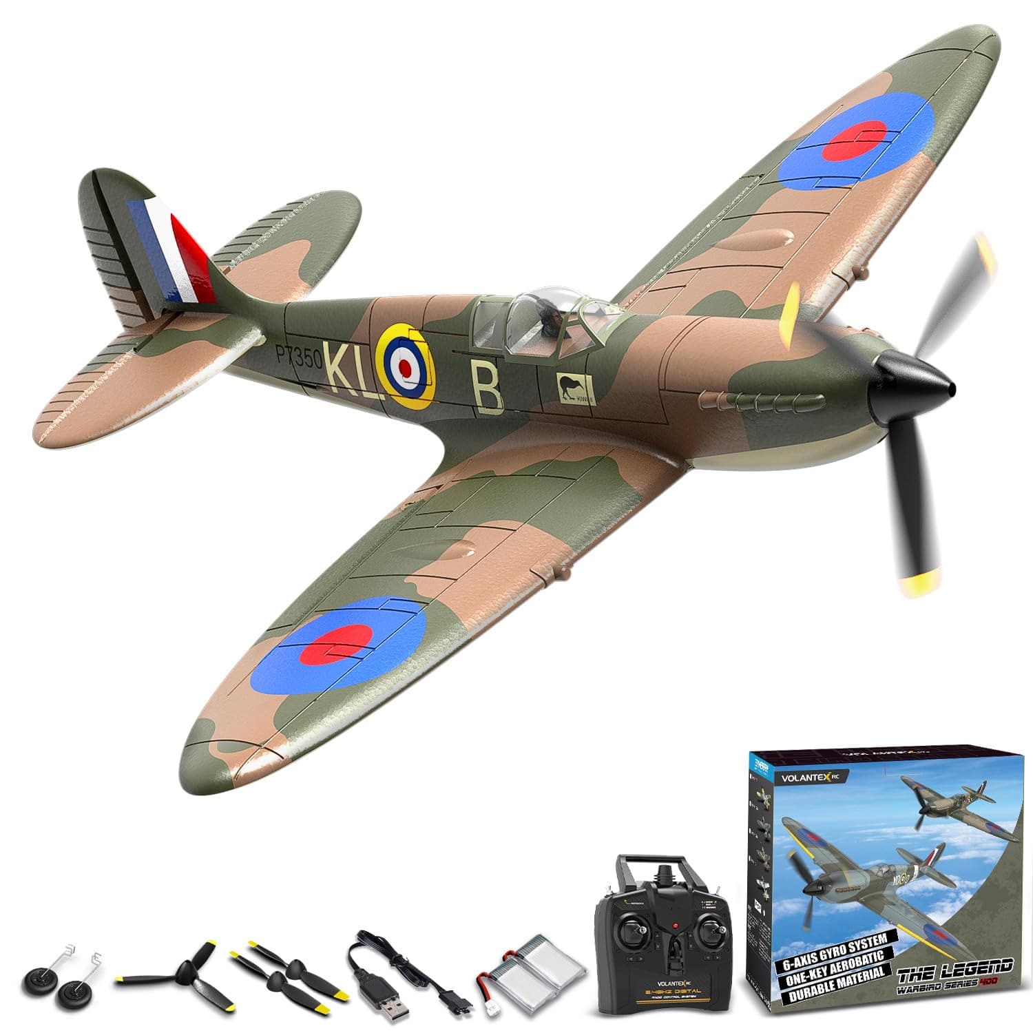 volantexrc RC Plane Spitfire Fighter 4CH Remote Control Airplane RTF with Aileron, Gyro, Aerobatics & 3 Modes to Fly, Hobby Radio Controlled Warbird Aircraft for Adults, Beginners(Green)
