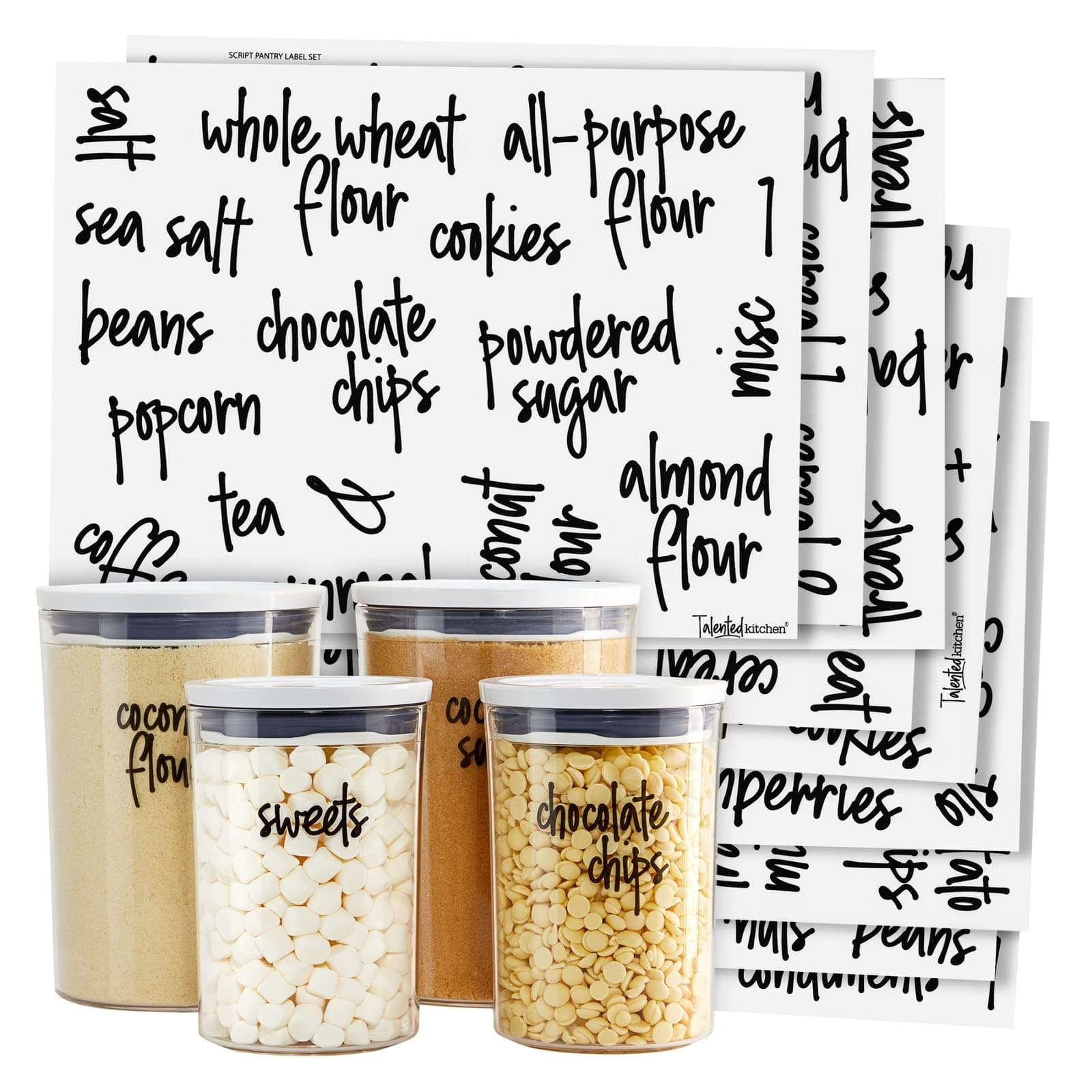 Talented Kitchen Script Pantry Labels ââ‚¬â€œ Preprinted Label Sticker Set . Script Design, Clear, Water Resistant, Food & Spice Jar Labels for Pantry Organization and Storage (Set of 57- Script)