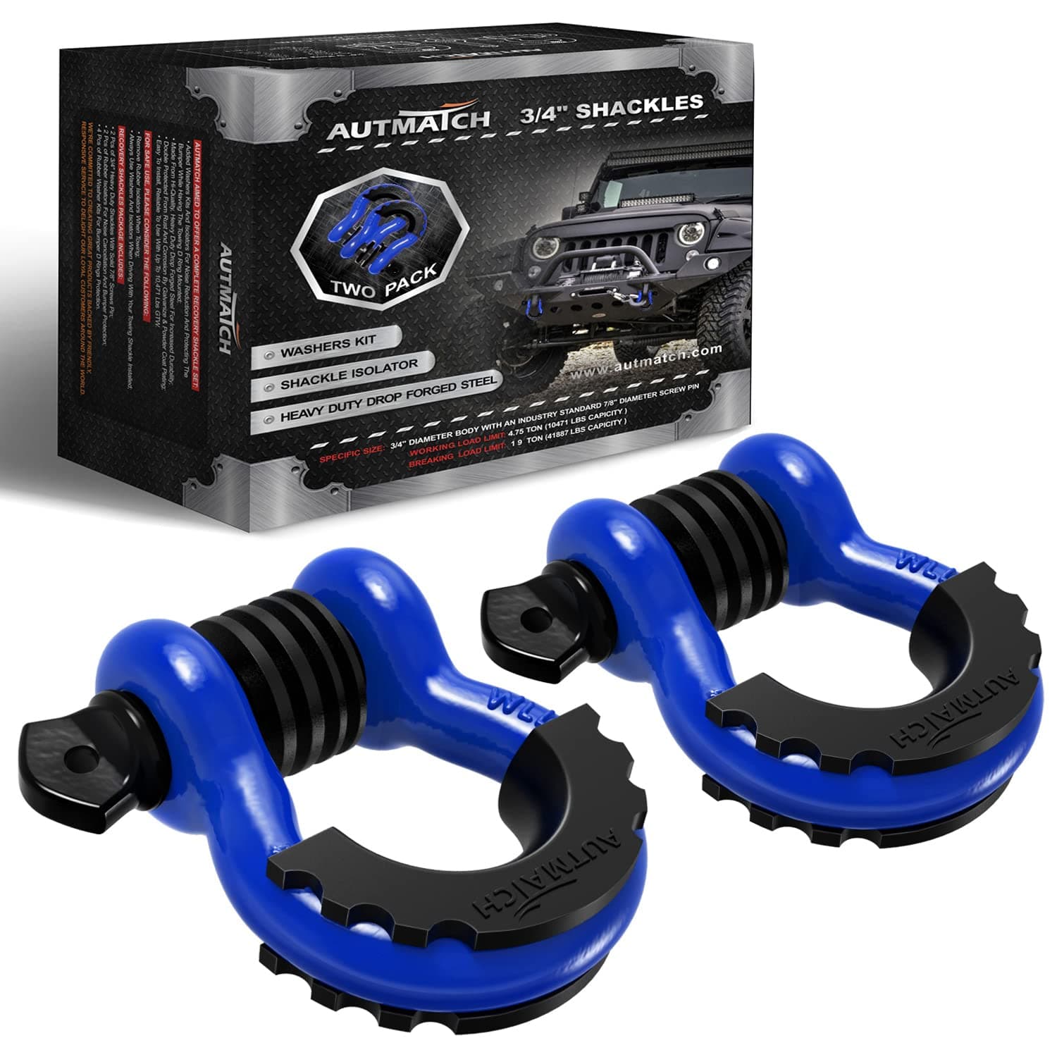 AUTMATCH D Ring Shackle 3/4" Shackles (2 Pack) 41,887Ibs Break Strength - Clevis Shackle with 7/8" Screw Pin and Shackle Isolator Washer Kit for Tow Strap Winch Off Road Vehicle Recovery, Blue & Black