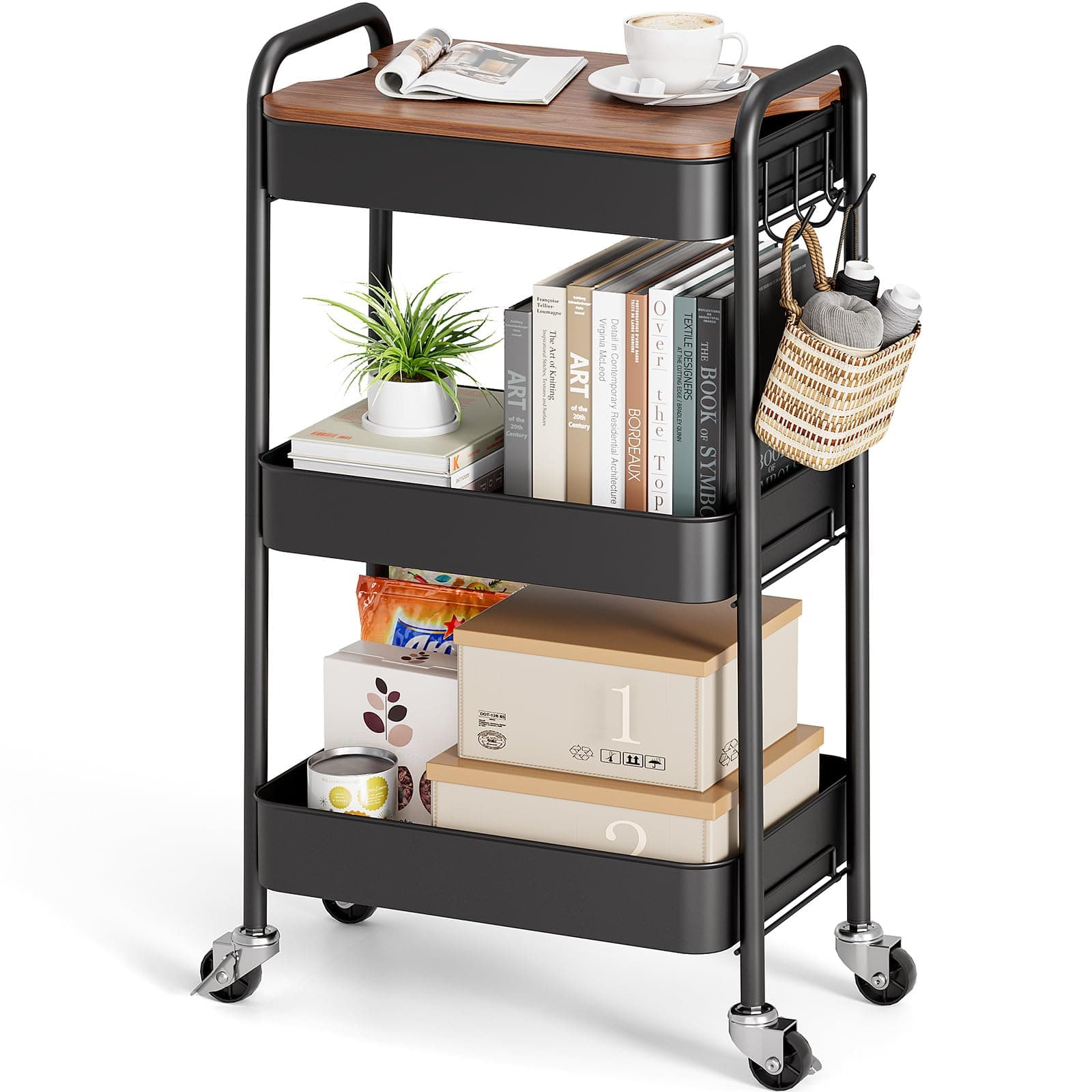 TOOLF 3-Tier Rolling Cart with Table Top, Metal Storage Cart on Wheels, Utility Organizer with Wooden Tray, Lockable Casters, Easy Assembly for Bathroom, Living Room, Office, Kitchen, Black