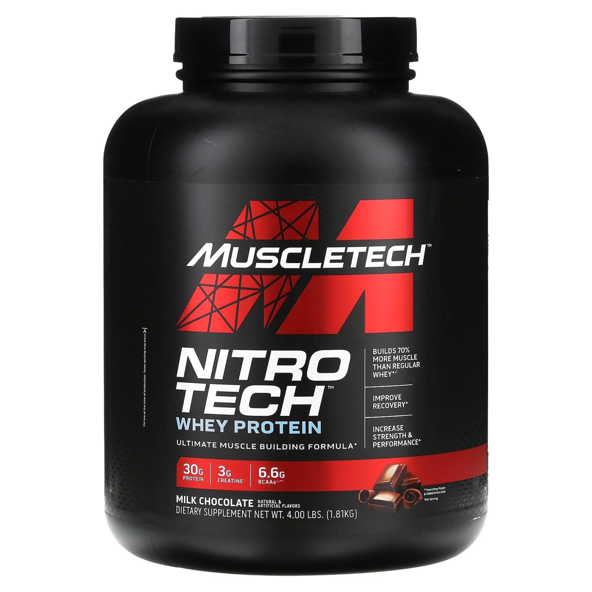 Nitro-Tech Whey Protein Ultimate Muscle Building Formula with a Unique Blend of Whey Protein Isolate & Peptides - 30gm Protein, 3gm Creatine & 6.6gm BCAAs, Milk Chocolate Flavor, 4.00 lbs
