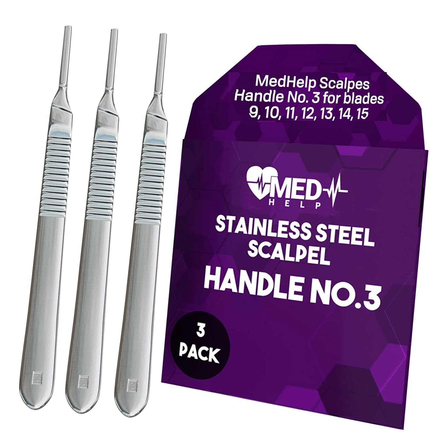 MedHelp Scalpel Handle No 3, Performance Dermaplaning Handle #3 High Quality Stainless Steel Fits Blades 9 10 10a 10r 11 12 13 14 15 and 15a ● Pack of 3 Handles