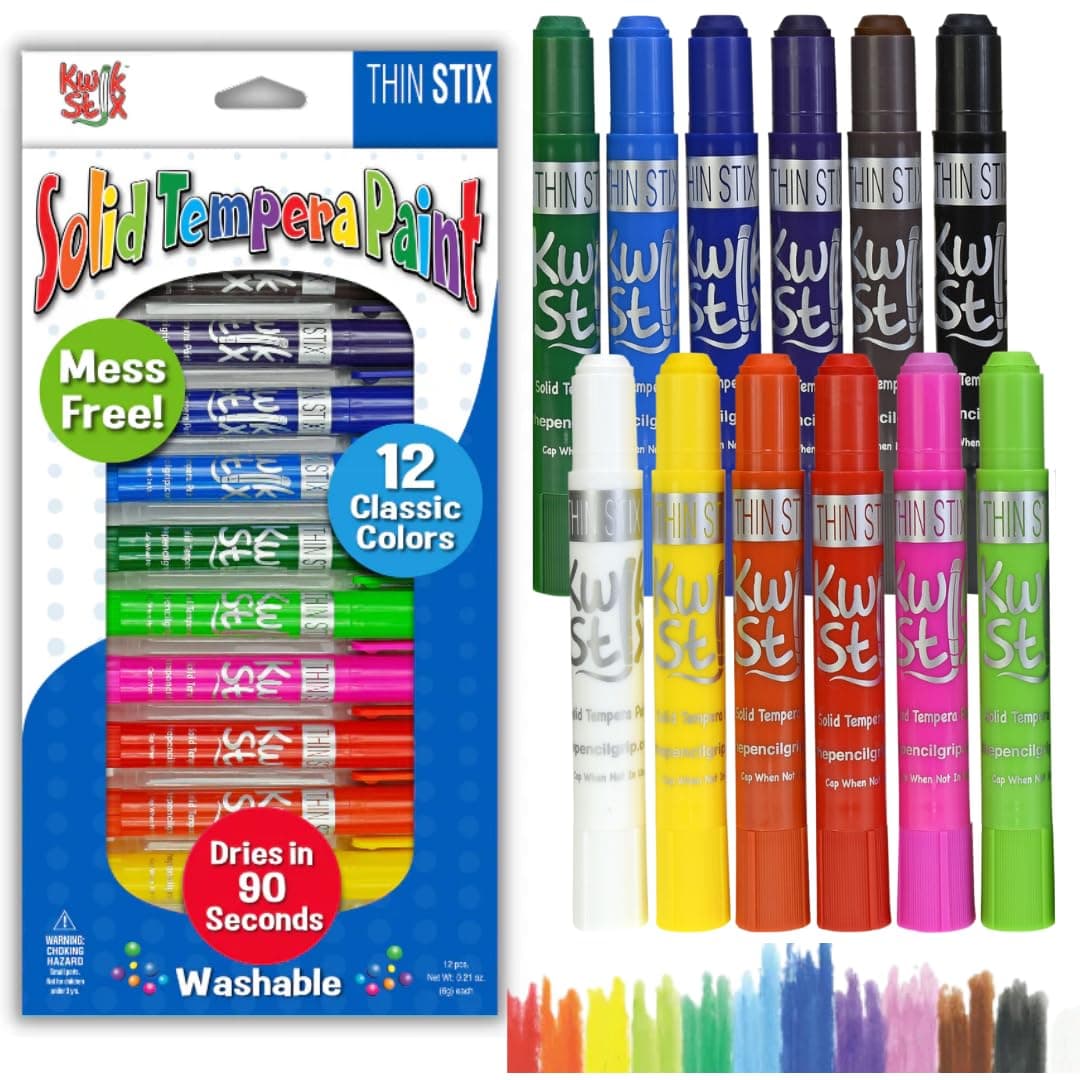 Kwik Stix Solid Tempera Paints, Thin Stix Paint Pens, Super Quick Drying, 12 Classic Colors for Children - 12 Pack - TPG-608