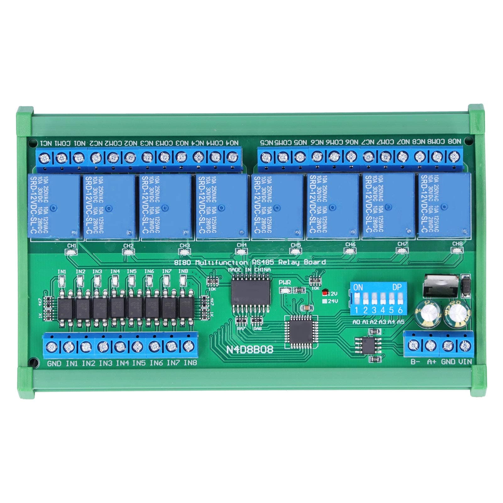 Modbus RTU 8 Way Relay Module, 2400 4800 19200 BPS DIY RS485 System Road DIN Rail Box (8 Way 12V)