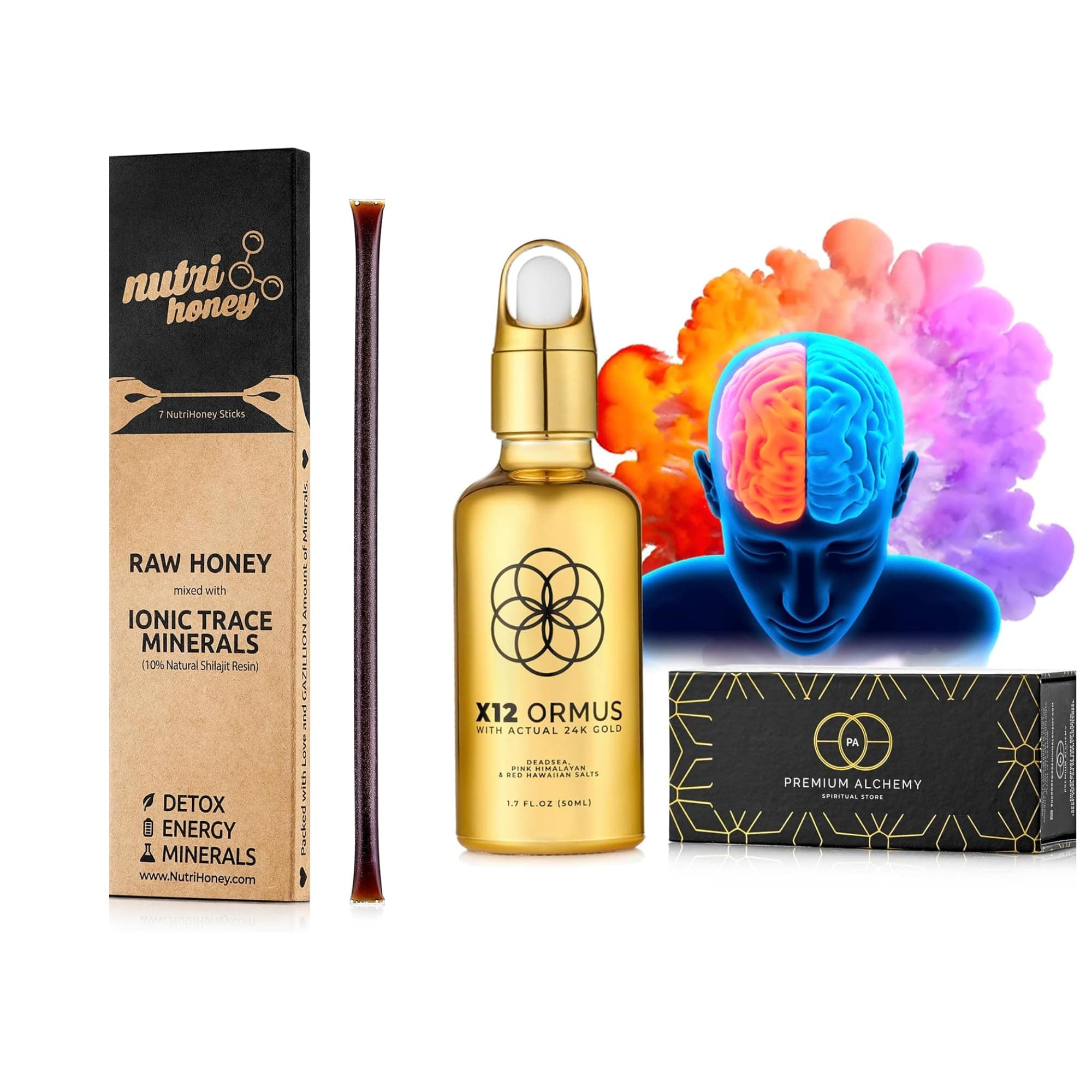Ormus Monoatomic Gold Concentrate (HIGH Potency x12) - 1.7 fl. oz (50 ml) & Shilajit Honey Sticks - Natural Shilajit Resin Mixed with Raw Honey (7 Sticks)