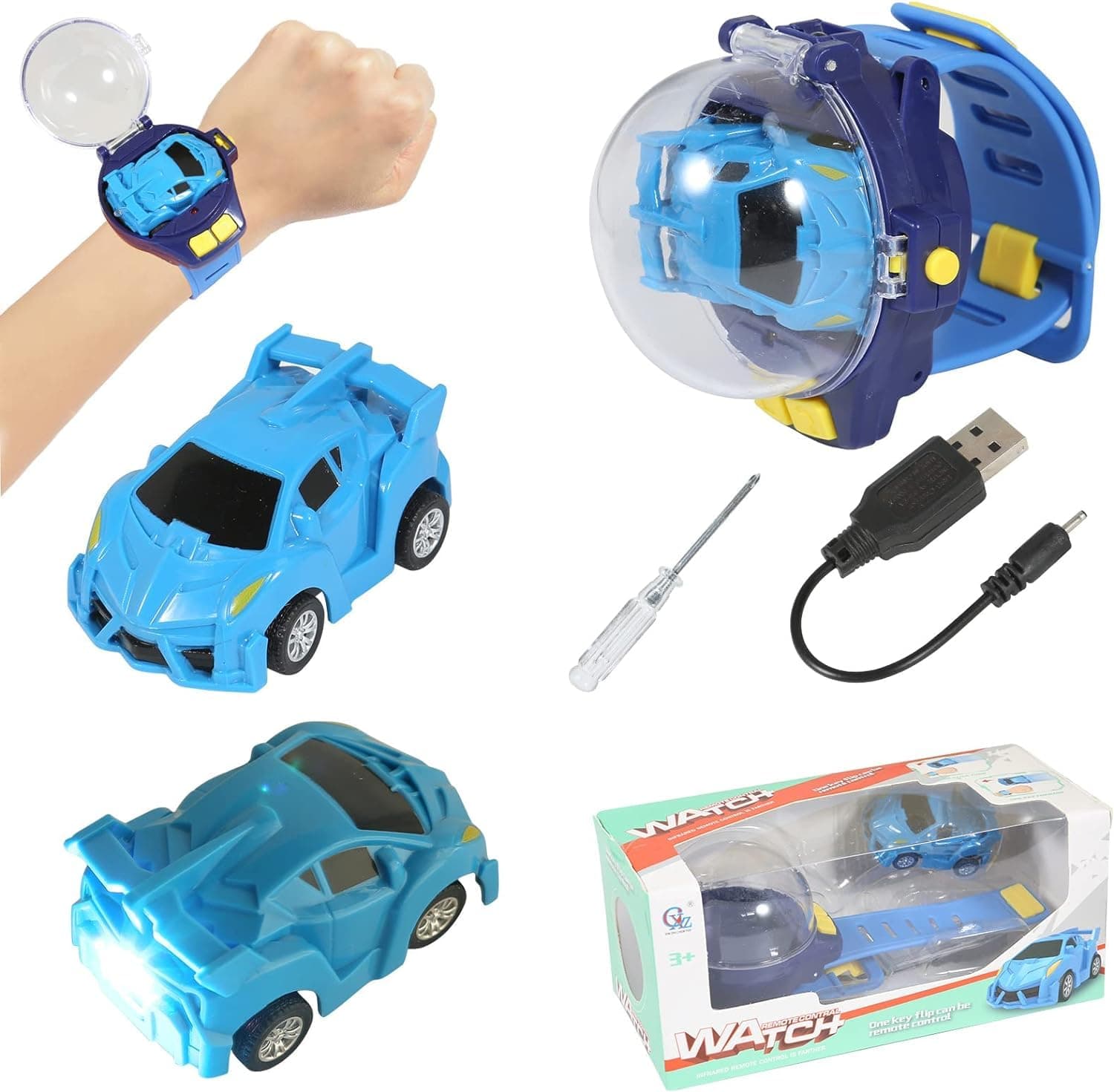 Long-Range LED Mini Remote Control Toy Car with Watch Controller - Unleash Racing Fun for Kids of Ages 3-8 with Our USB Charging RC Car Toy (Blue Sports car 2)