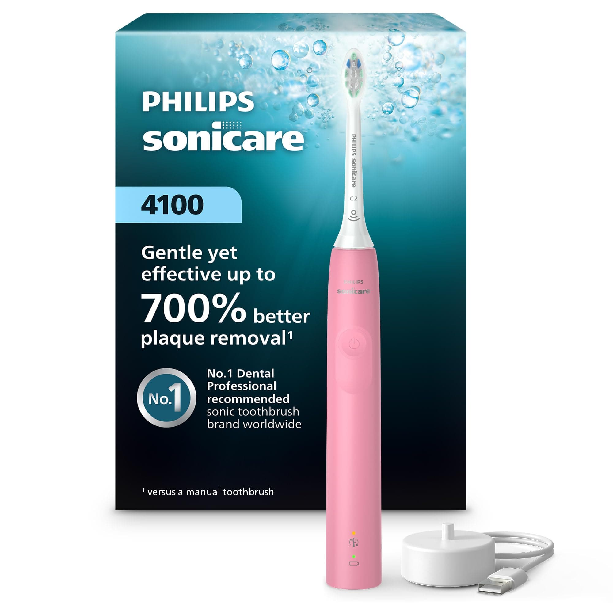 4100 Series Electric Toothbrush - Sonic Toothbrush with Advanced Sonic Technology, Pressure Sensor, Two Intensity Settings, Smartimer & Quadpacer, Deep Pink, Model HX3681/26