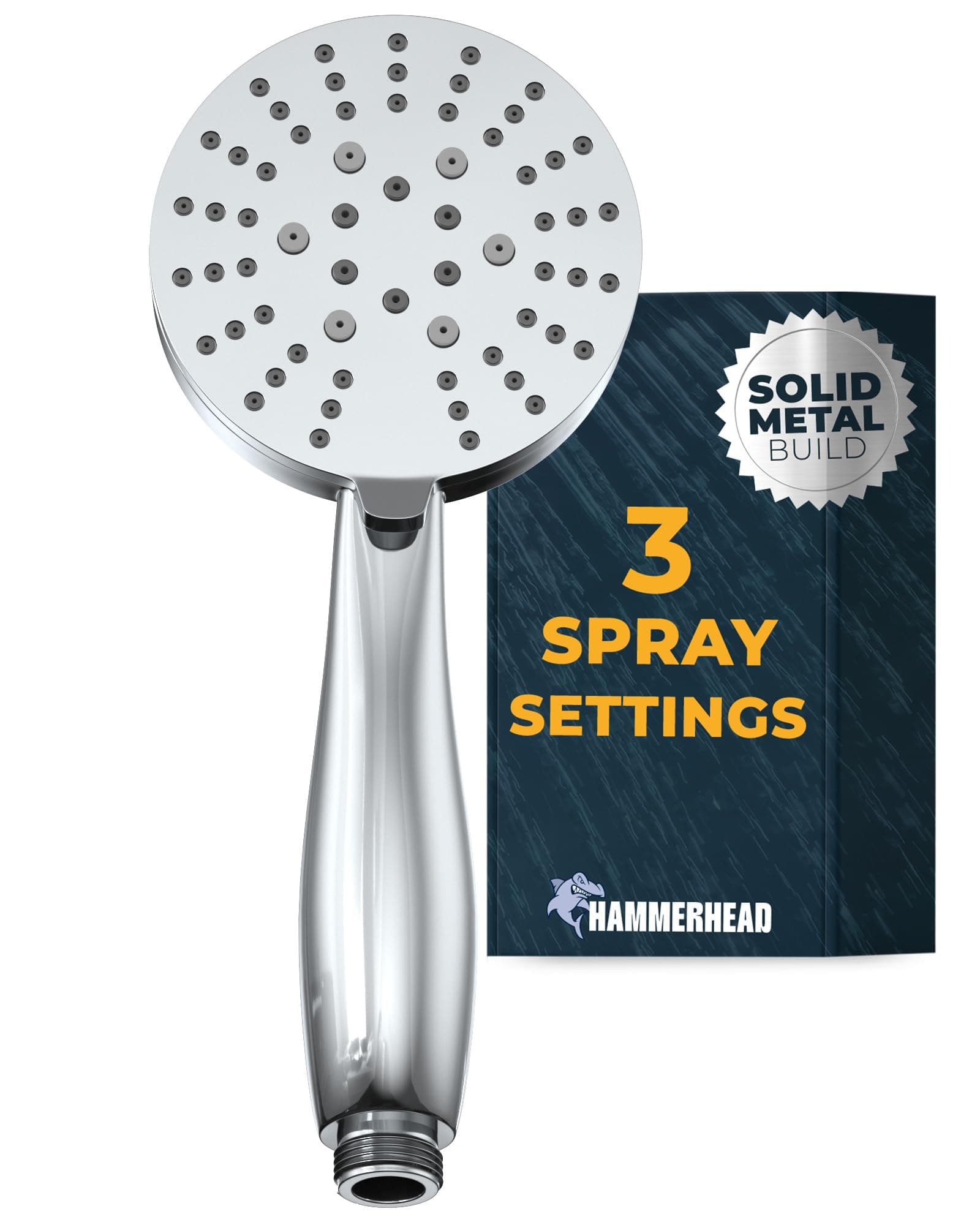 - HammerHead Showers® Solid Metal 3-Spray Hand Held Shower Head, Chrome | Select from Wide, Massage, and Mist Sprays | 2.5 GPM High Flow Handheld Showerhead | Made from 304 Stainless Steel