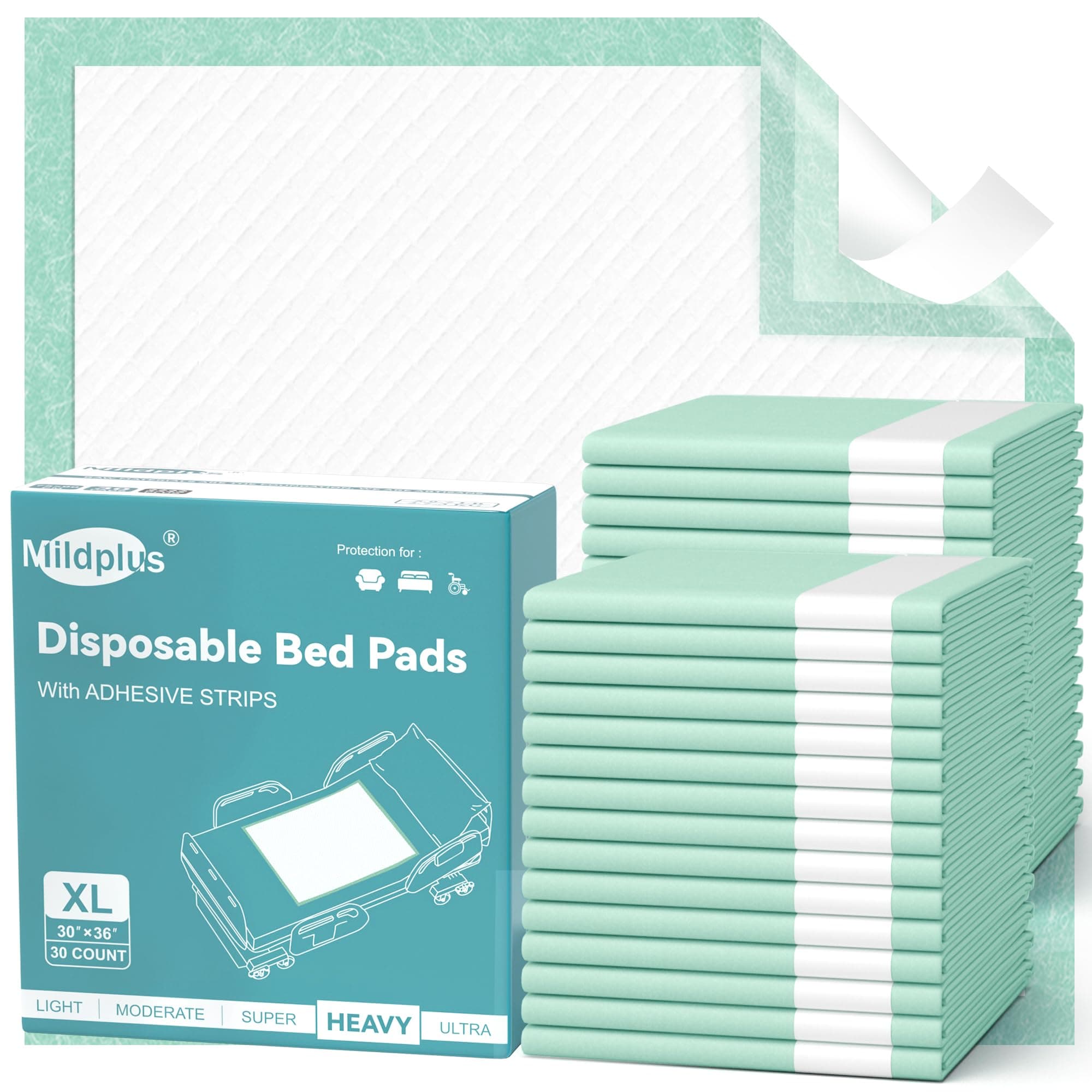 Bed Pads with Adhesive Strips 30''X36'', 30 Count | Extra Large XL Underpads | Secure & Waterproof Chucks for Incontinence Care | for Adults, Seniors, Kids & Pets