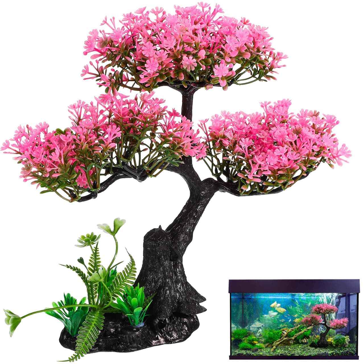 Didiseaon Aquarium Artificial Plants Decor, Pink Cherry Blossom Tree Grass Set Plastic for Fish Tank Accessories, Fish Tank Decorations, 11.4 X 9.4 X 4 Inches