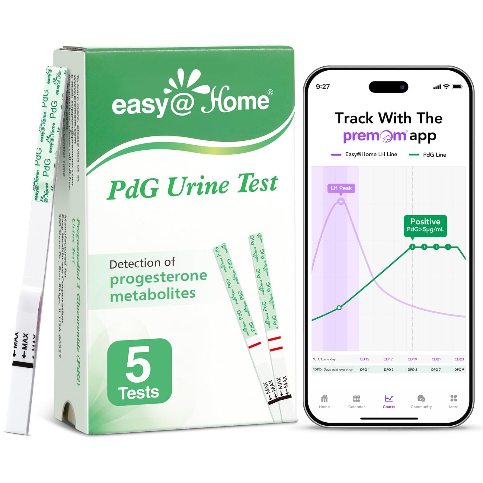 PdG Test Strips: 5 Pack - Track Ovulation Insights with Progesterone Urine Tests – at Home Fertility Test for Women with Premom Ovulation App - PdG (Pregnanediol Glucuronide) Tests