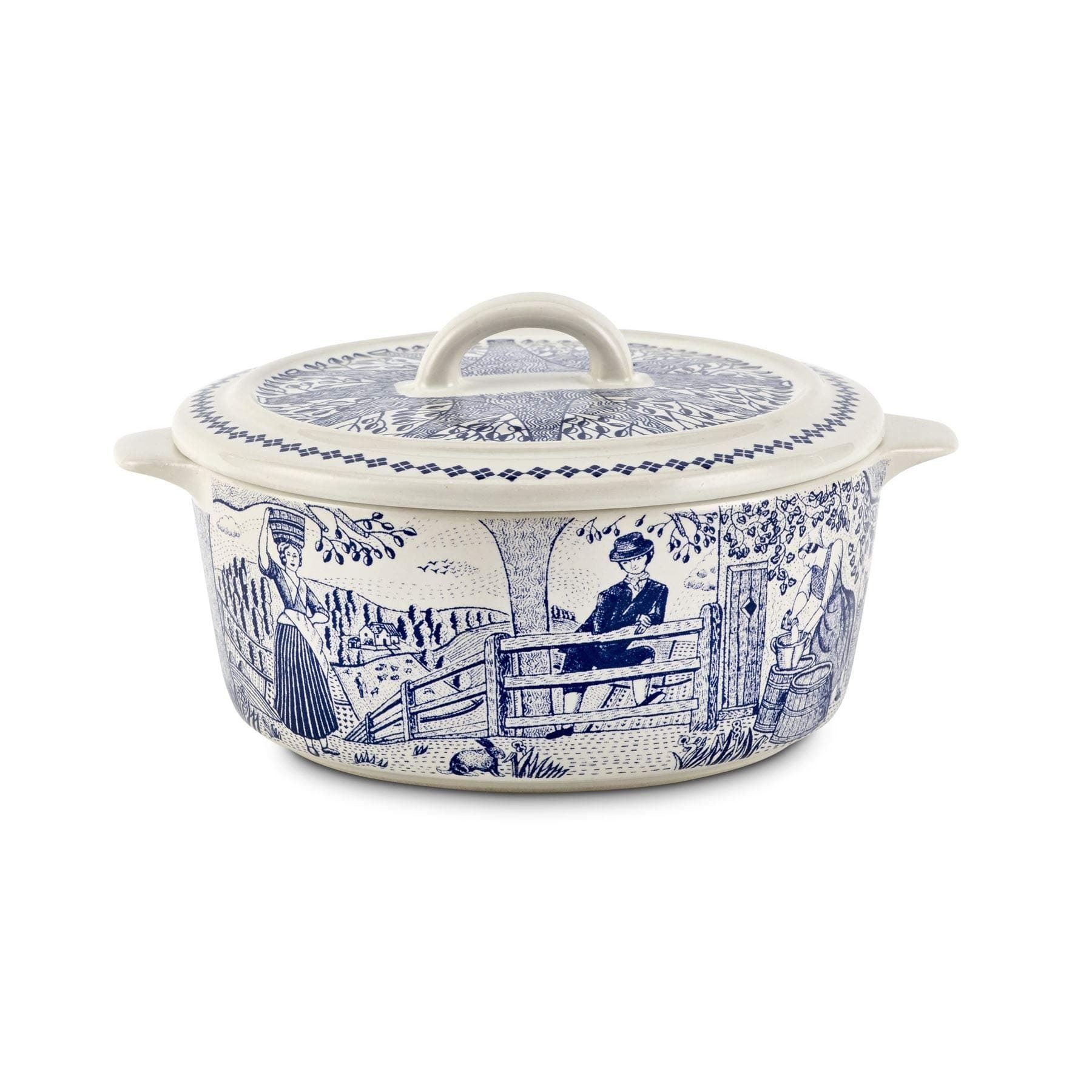 The Fine Cheese Co. Cheese Baker Baking Dish for Cheese with Handles | Brie Baker & Baked Camembert | Decorative Ceramic Dish | Traditional Blue and White 19th Century Illustration