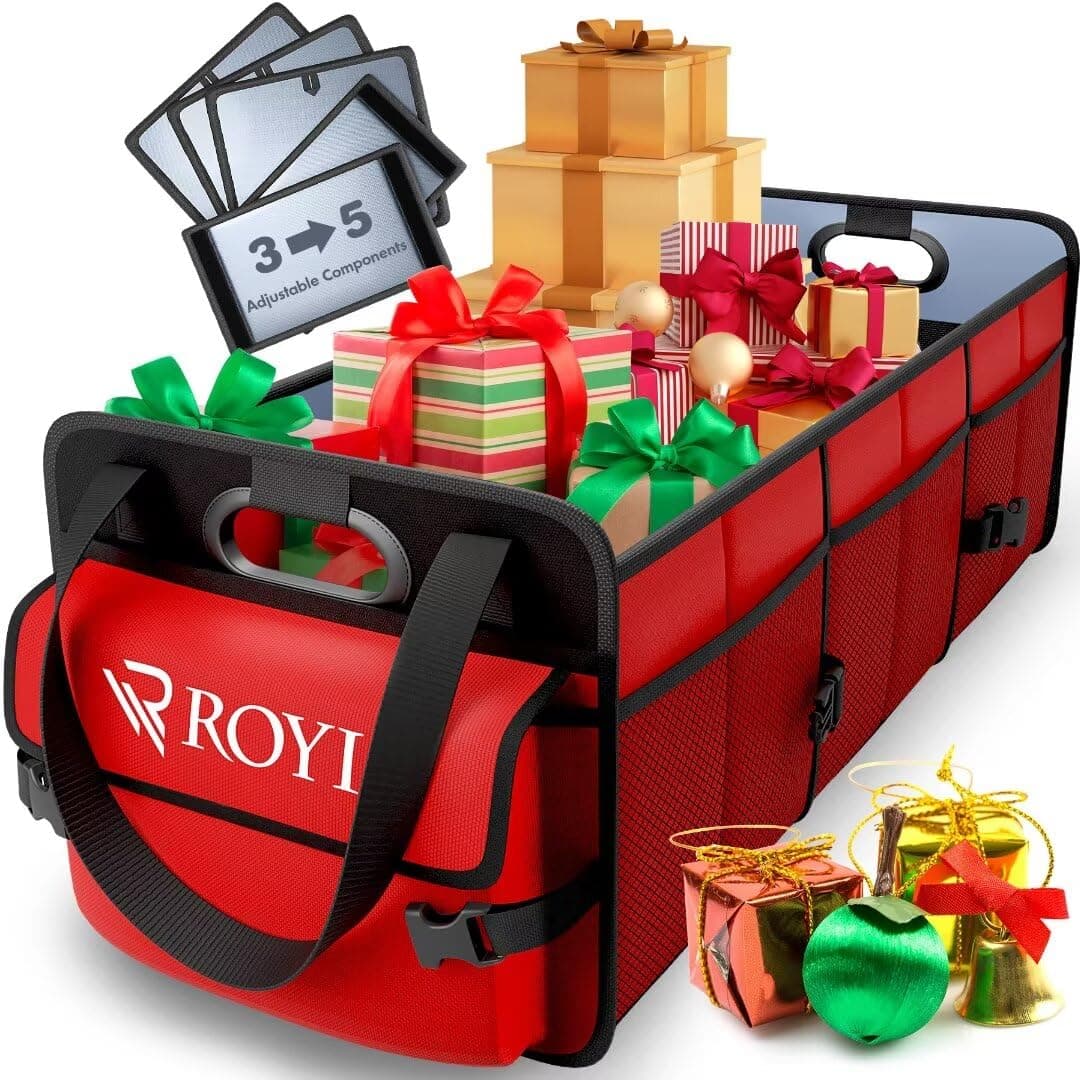 Upgraded Car Trunk Organizer Collapsible Portable Cargo Storage with Tools Grips 3 Large Compartments and Upgraded Handle Trunk Organizer Compatible with SUV Car Truck Auto Red