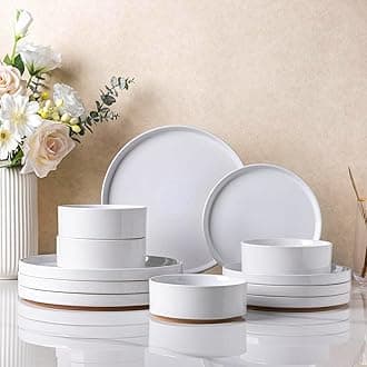 AmorArc Ceramic Dinnerware Set for 4 | Speckled Stoneware Plates and Bowls with unglazed terracotta | Scratch Resistant, Dishwasher & Microwave Safe Dishes Sets- 12-Pcs Milk White