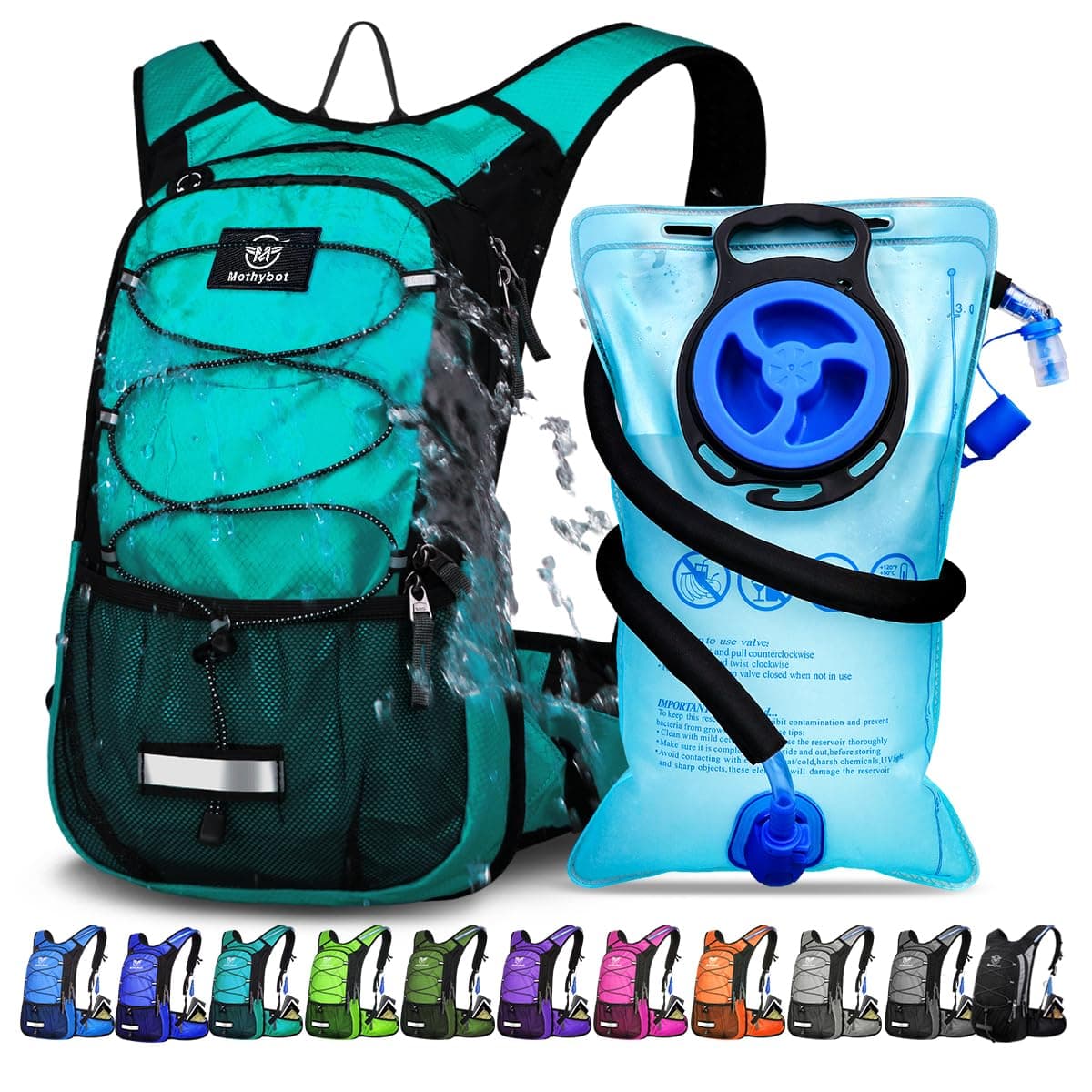 Insulated Hydration Backpack Pack with 3L BPA Free Leak Proof Water Bladder, Large Storage Lightweight Hiking Daypack with Waist Pouches & Cooler Layer, for Running, Biking, Camping, Festival