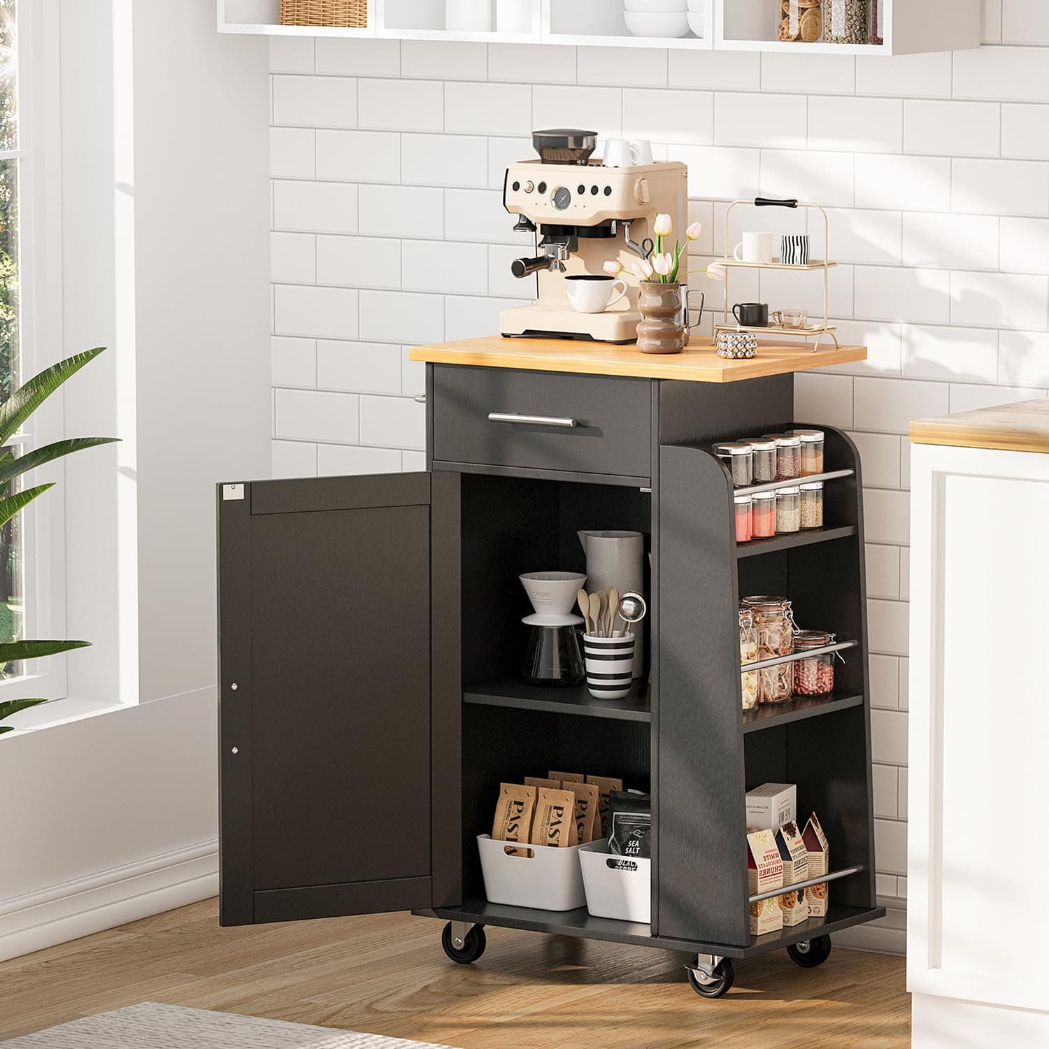 SUNLEI Kitchen Island with Storage Cart Table Rolling Butcher Block Cabinets Small on Wheels Portable Drawers Mobile Moveable Narrow Wood Side Floating Spaces Black