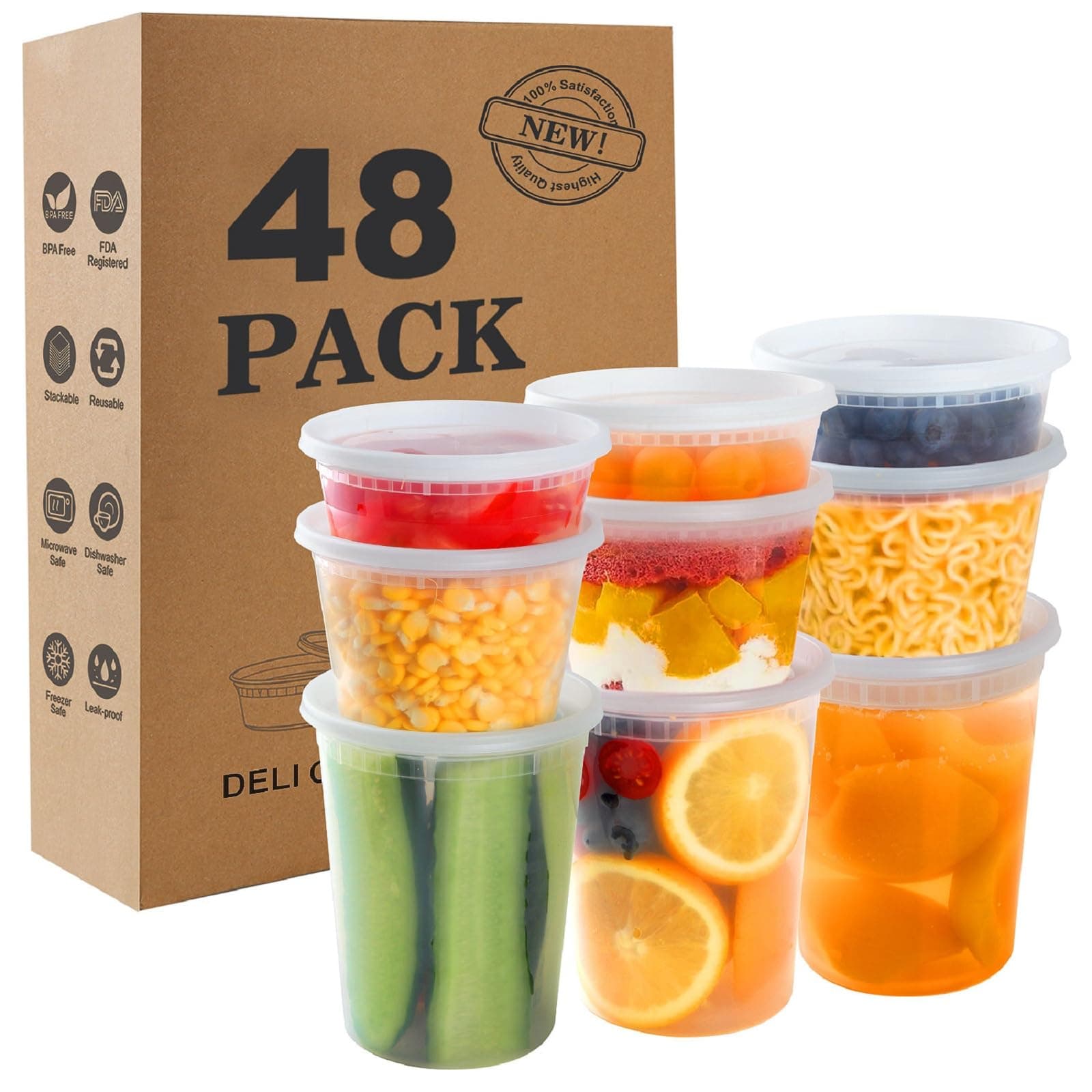 48Sets Deli Containers with Lids (8oz, 16oz, 32oz Each), Food Srorage Containers with Lids Airtight, Disposable Soup Containers with Lids, Microwave/ Freezer/ Dishwasher Safe, Leakproof, BPA Free