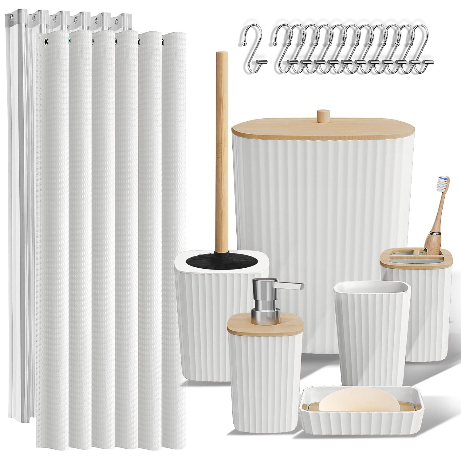 Clara Clark Bathroom Accessories Set - Bathroom Set, Bathroom Accessory Set, Shower Curtain Set, Toilet Brush, Trash Can & Soap Dispenser - White - 20PC