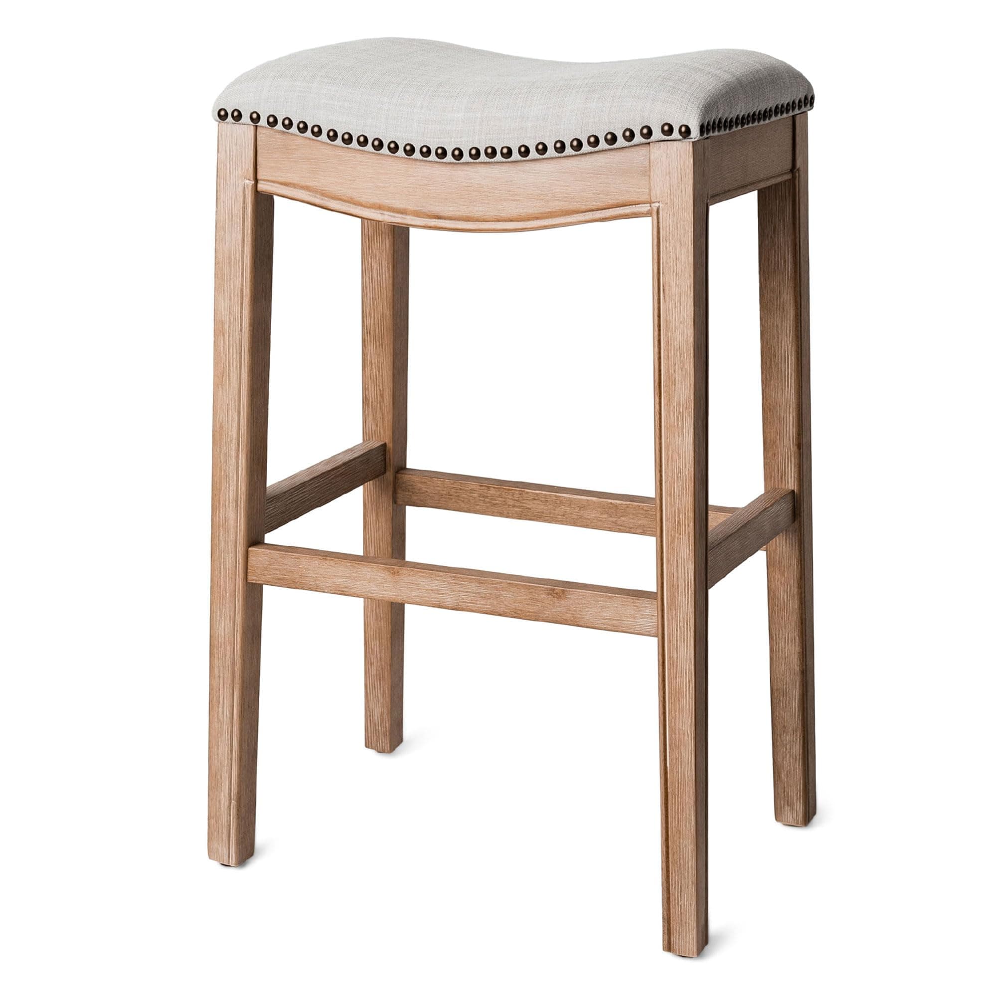 Maven Lane Adrien Kitchen Saddle Backless Bar Stool with Nailhead Trim, Weathered Oak, Bar Height
