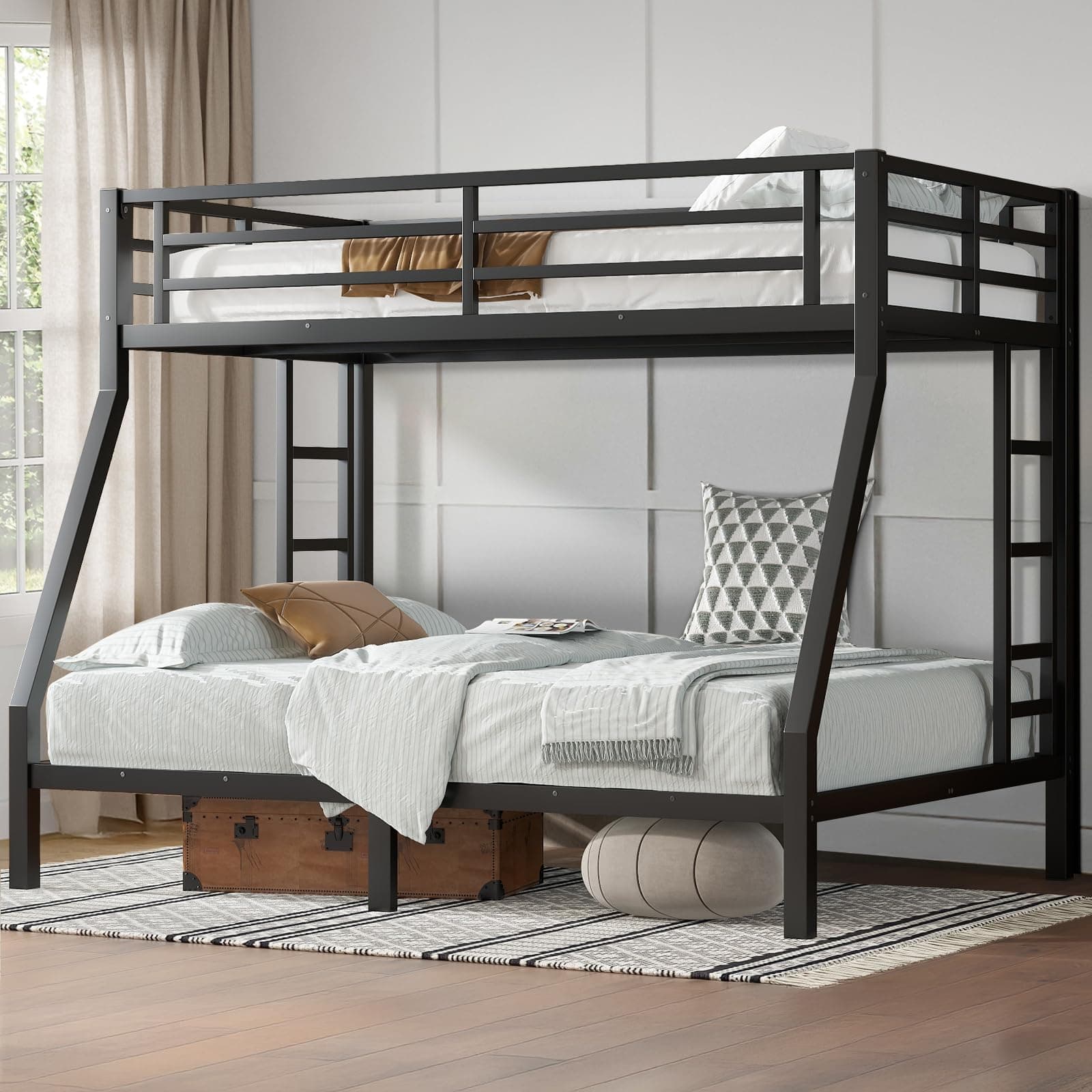 HKOLIE Twin Over Full Bunk Bed, Metal Bunk Bed Frame Heavy Duty Bunk Beds Loft Bed Frame with Ladder and Guardrail Metal Slats No Box Spring Required for Adults Teens, Black