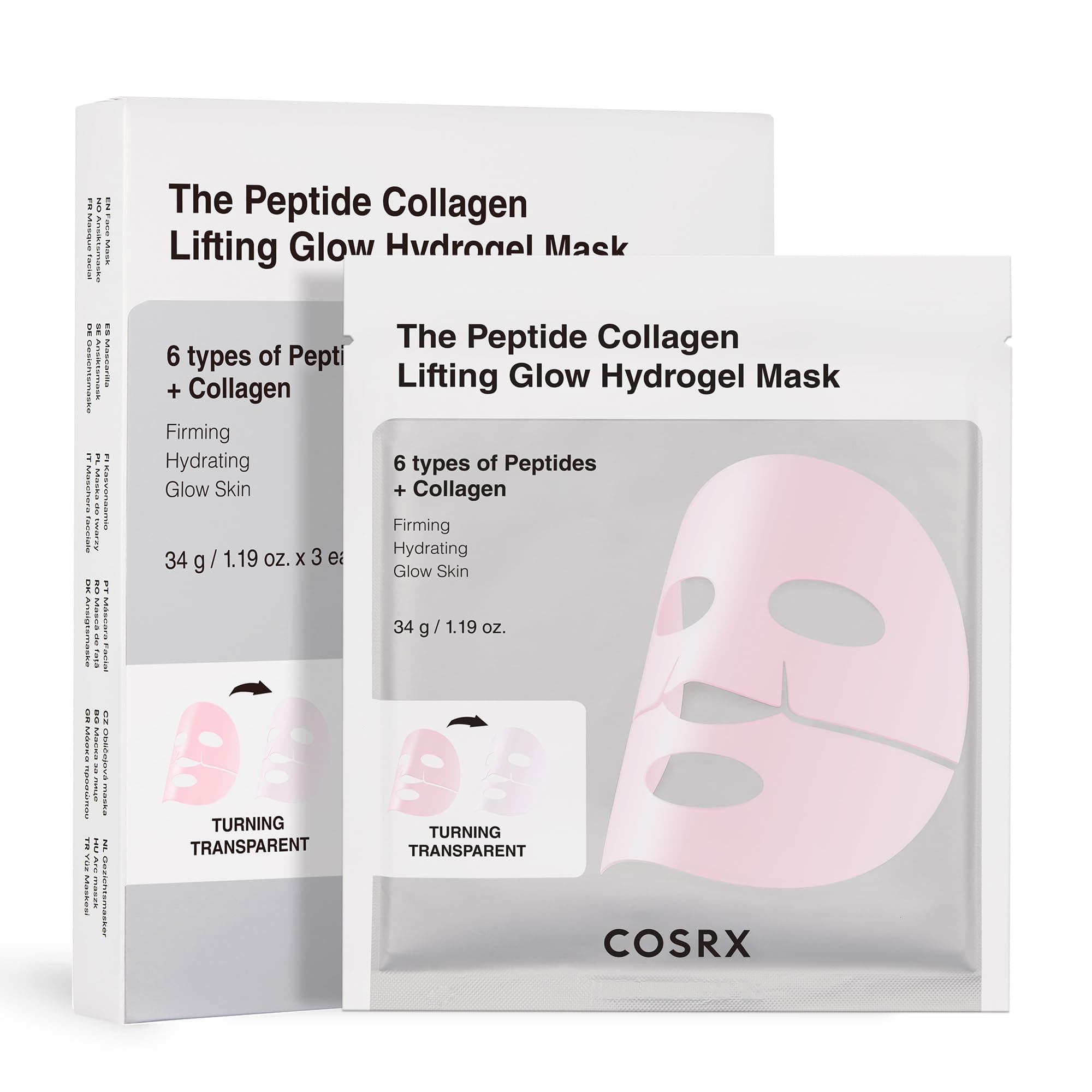 COSRX The Peptide, Collagen, Hydrogel Pack, Mask Pack, Pack of 3, Nutrition, Moisture, Elasticity, Radiant, Lift Up, Lifting, Collagen Mask, Gel Mask, Human Application Tested, Cosuar X, Essence, Skin