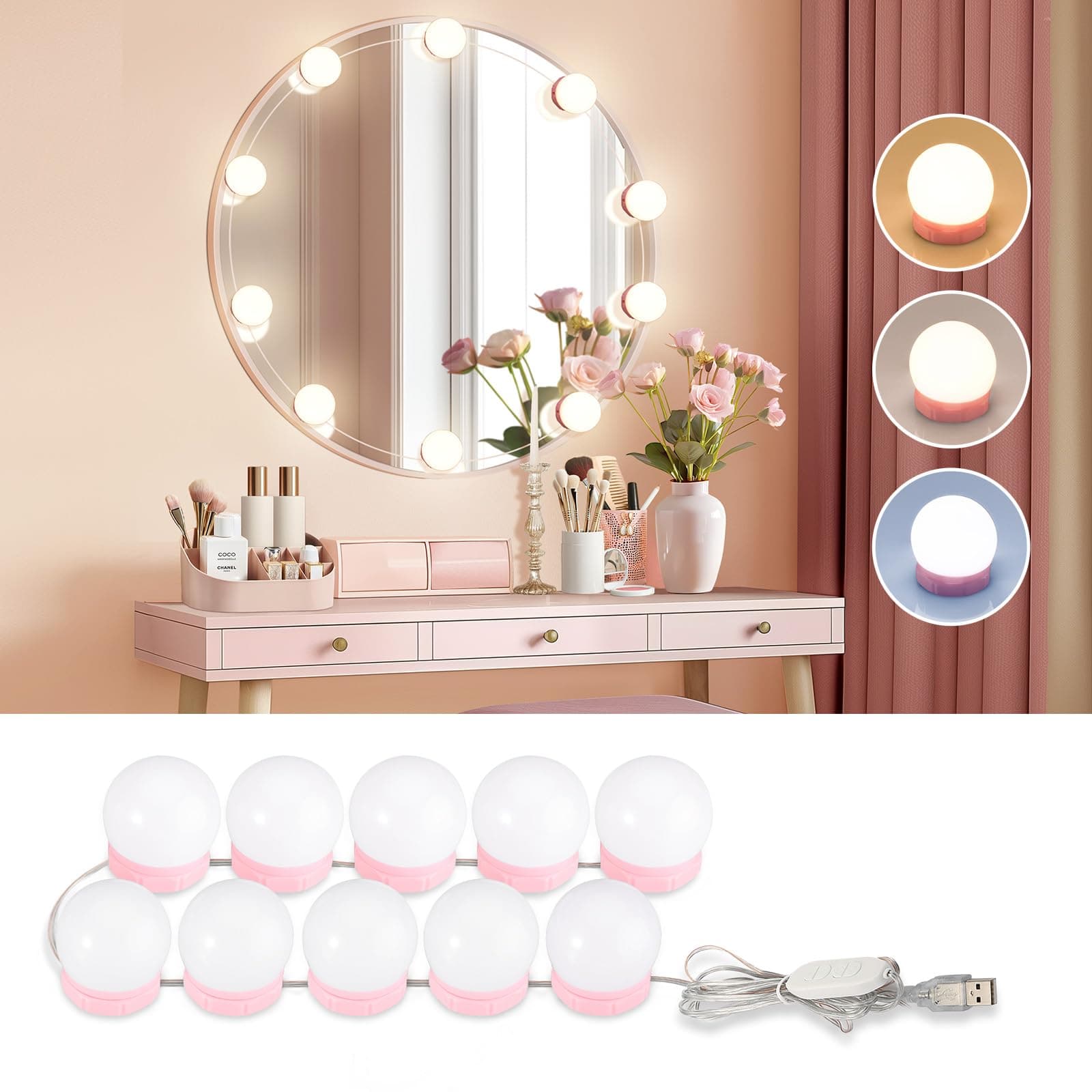 Consciot LED Vanity Lights for Mirror, Hollywood Style Vanity Light with 10 Dimmable Bulbs, Adjustable Color & Brightness, USB Cable, Mirrors Lights Stick on for Makeup Table Dressing Room Mirror