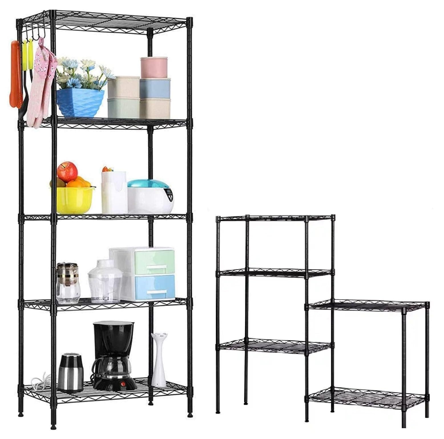 BEONE 5 Tier Wire Shelving Metal Storage Rack Adjustable for Laundry Bathroom, Garage, Living Room, Kitchen Pantry Closet 55x30x150cm (Type B Black)