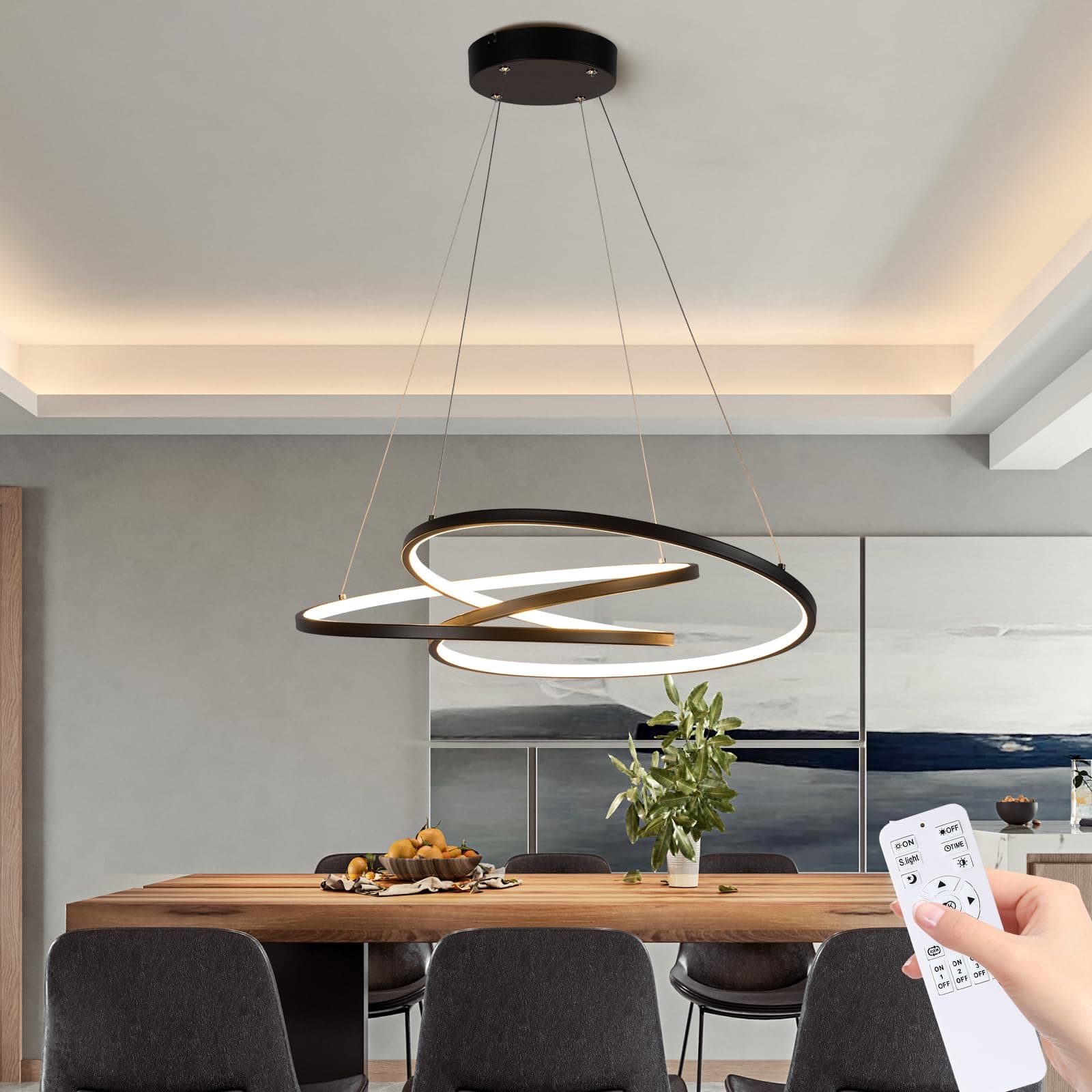 Garwarm Modern LED Pendant Light Dining Table Hanging Lamp Dimmable Chandelier with Remote Control,40w Black Hanging Lighting Fixture for Kitchen Dining Room Living Room Entryway Foyer Staircase