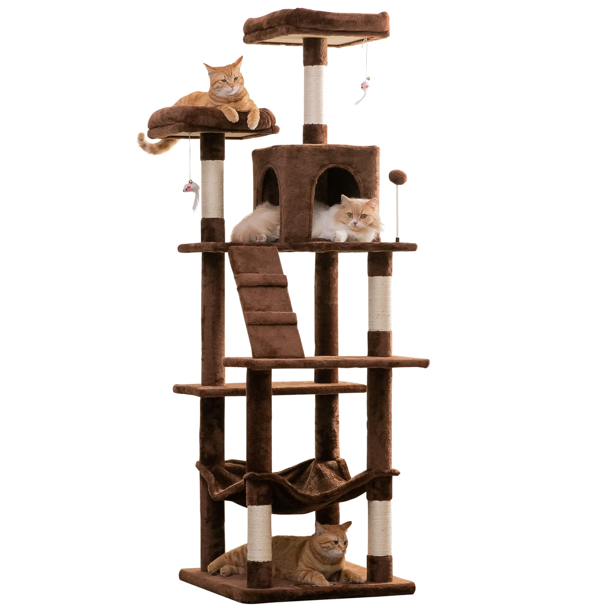 MWPO 70.1-Inch Large Cat Tree, Multi-Level Tall Cat Tower for Indoor Cats, Plush Cat Condo with Big Padded Perches, Sisal-Covered Scratching Posts, Hammock, Toys for Kittens & Cats - Brown