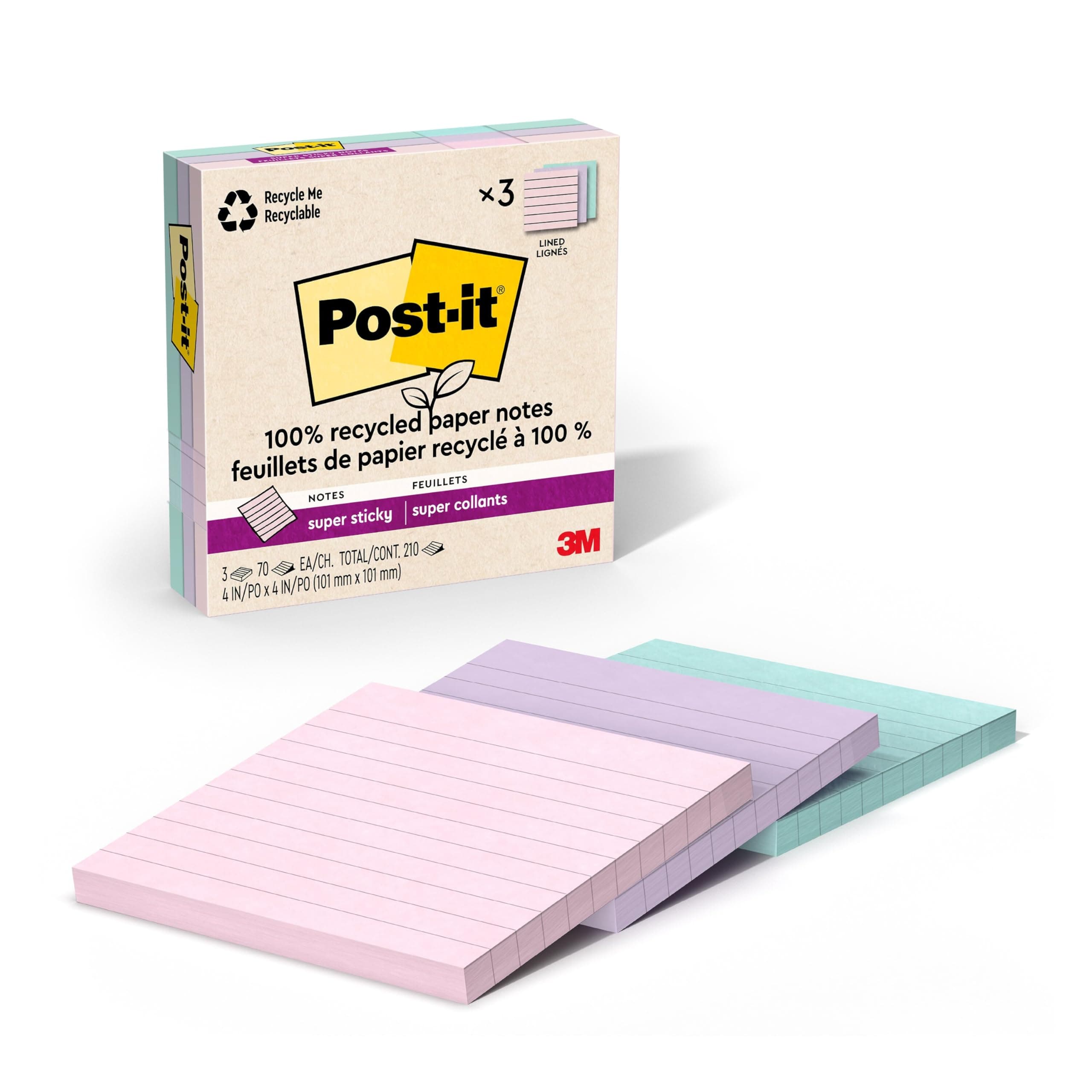 100% Recycled Paper Super Sticky Notes, 2X The Sticking Power, 4x4 in, Lined, 3 Pads, 70 Sheets/Pad, Wanderlust Pastels Collection (675R-3SSNRP)